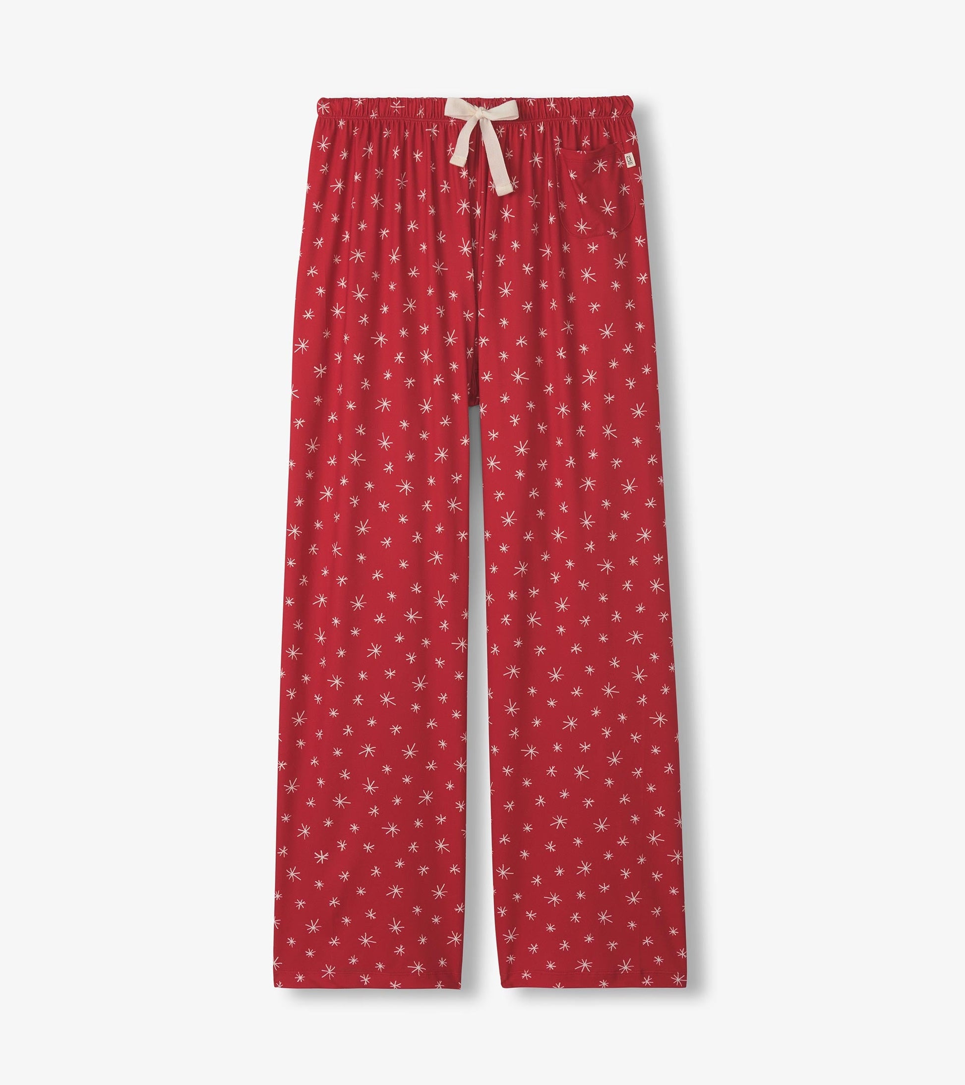 Red polyknit pajama pants featuring a white snowflake pattern and an elastic waistband with a drawstring.