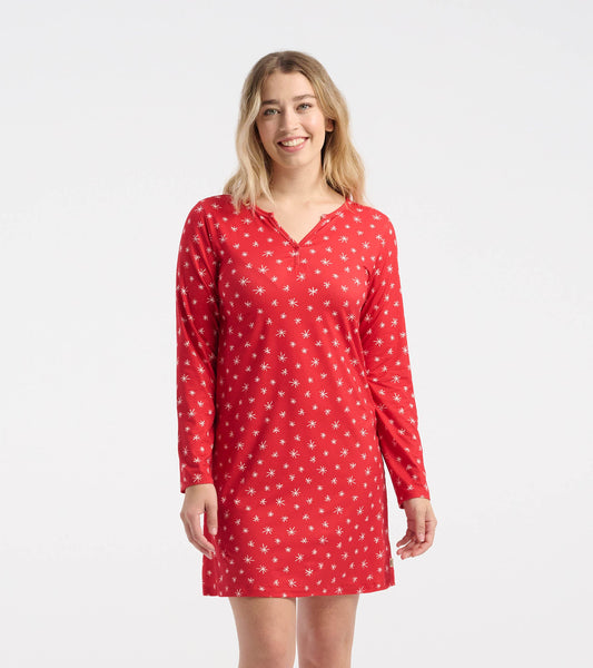 Red long sleeve nightshirt featuring a snowflake pattern and a henley neckline, suitable for cozy wear.