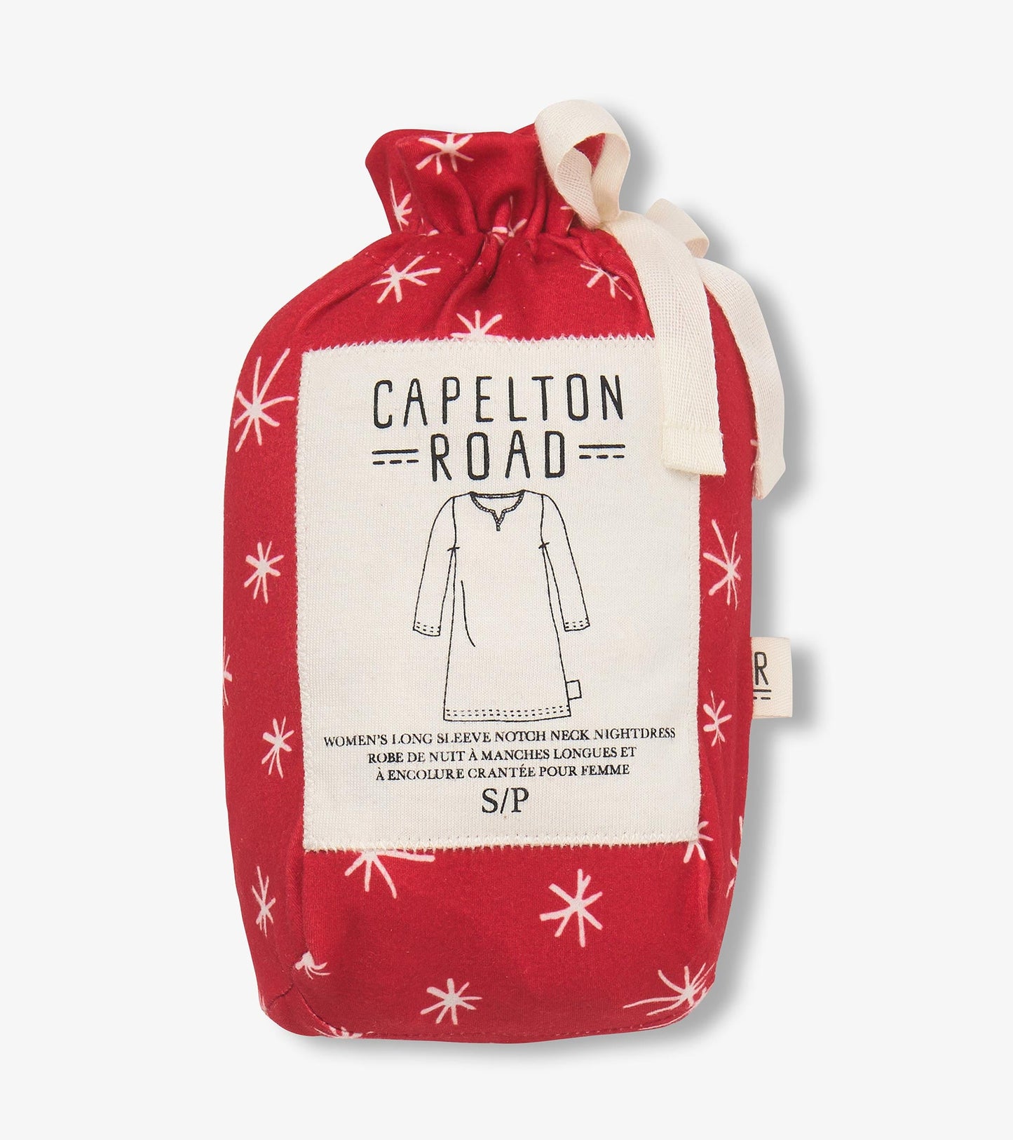 Red polyknit nightshirt with white snowflake pattern, featuring a notch neck and long sleeves, packaged in a drawstring bag.