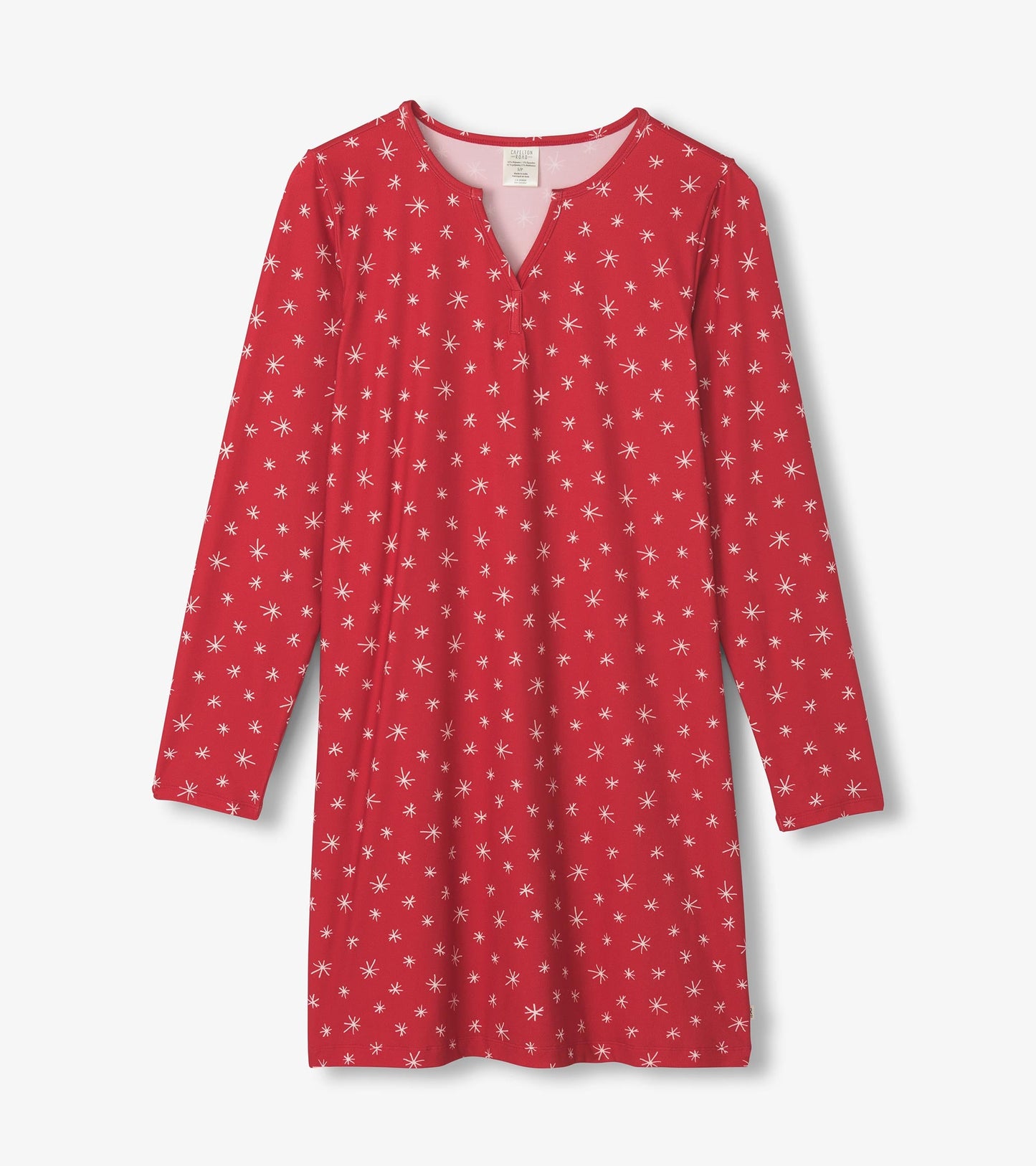 Red long sleeve nightshirt featuring a starflake pattern and a V-neck design, made from soft polyknit material.