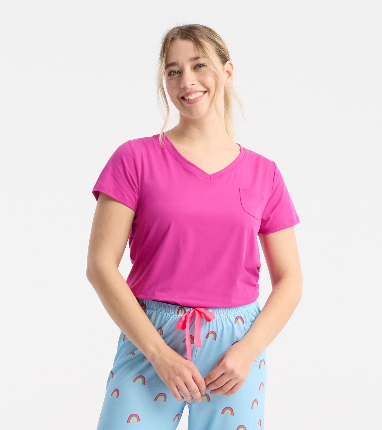 Vibrant pink polyknit V-neck t-shirt with short sleeves and a front pocket, styled for casual wear.