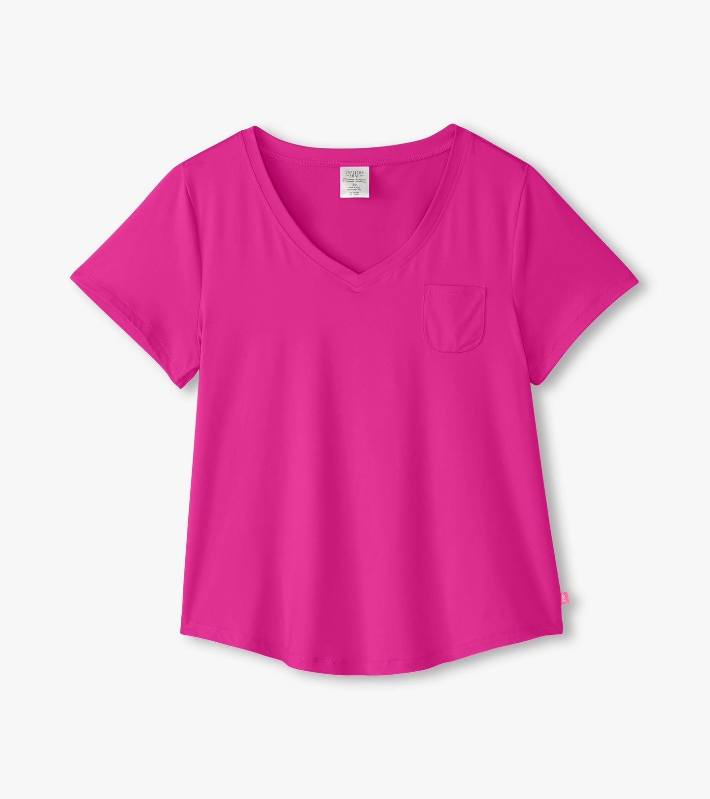 Vibrant rose violet polyknit V-neck T-shirt with short sleeves and a chest pocket.