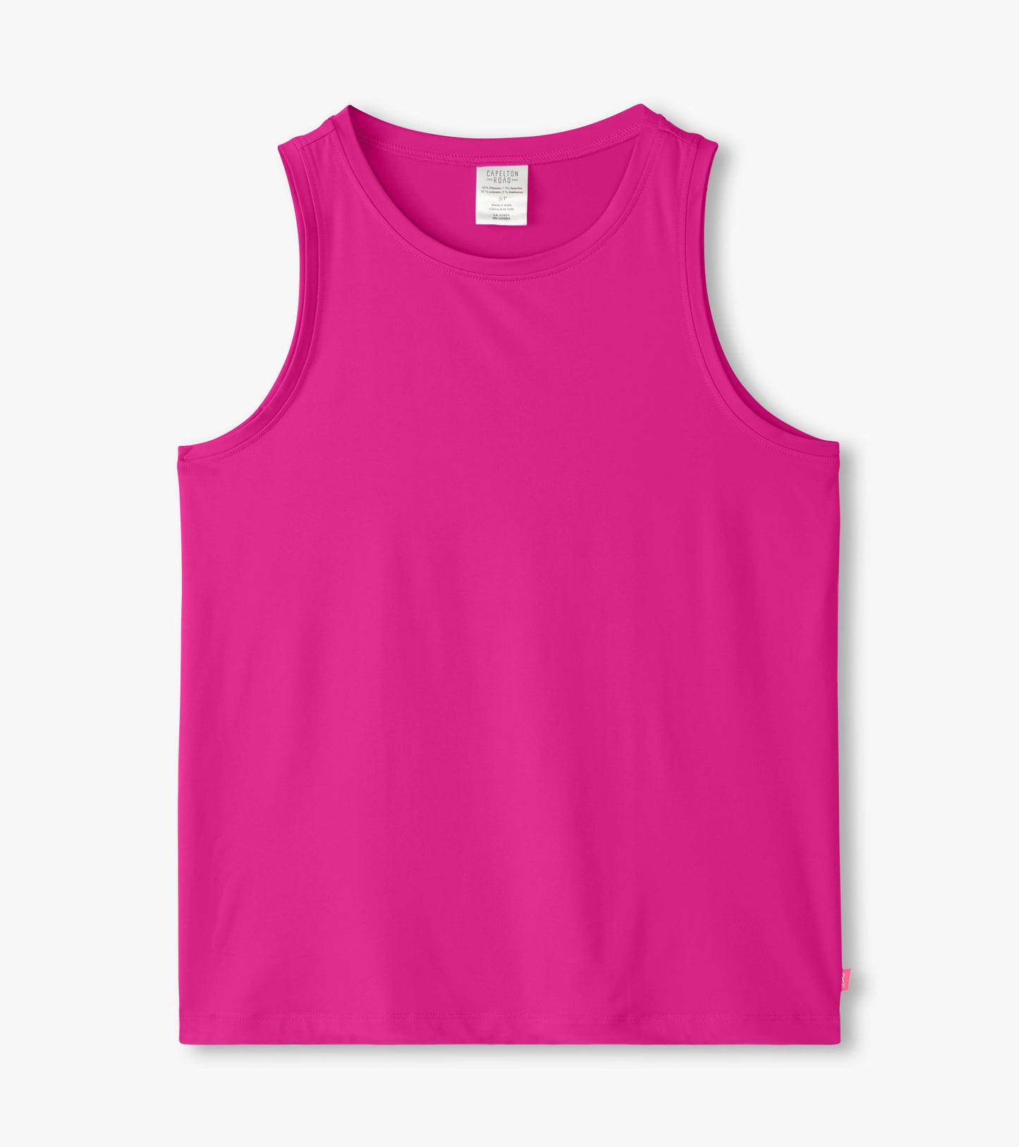 Bright pink polyknit scoop neck tank top, featuring a sleeveless design and a smooth, lightweight fabric.