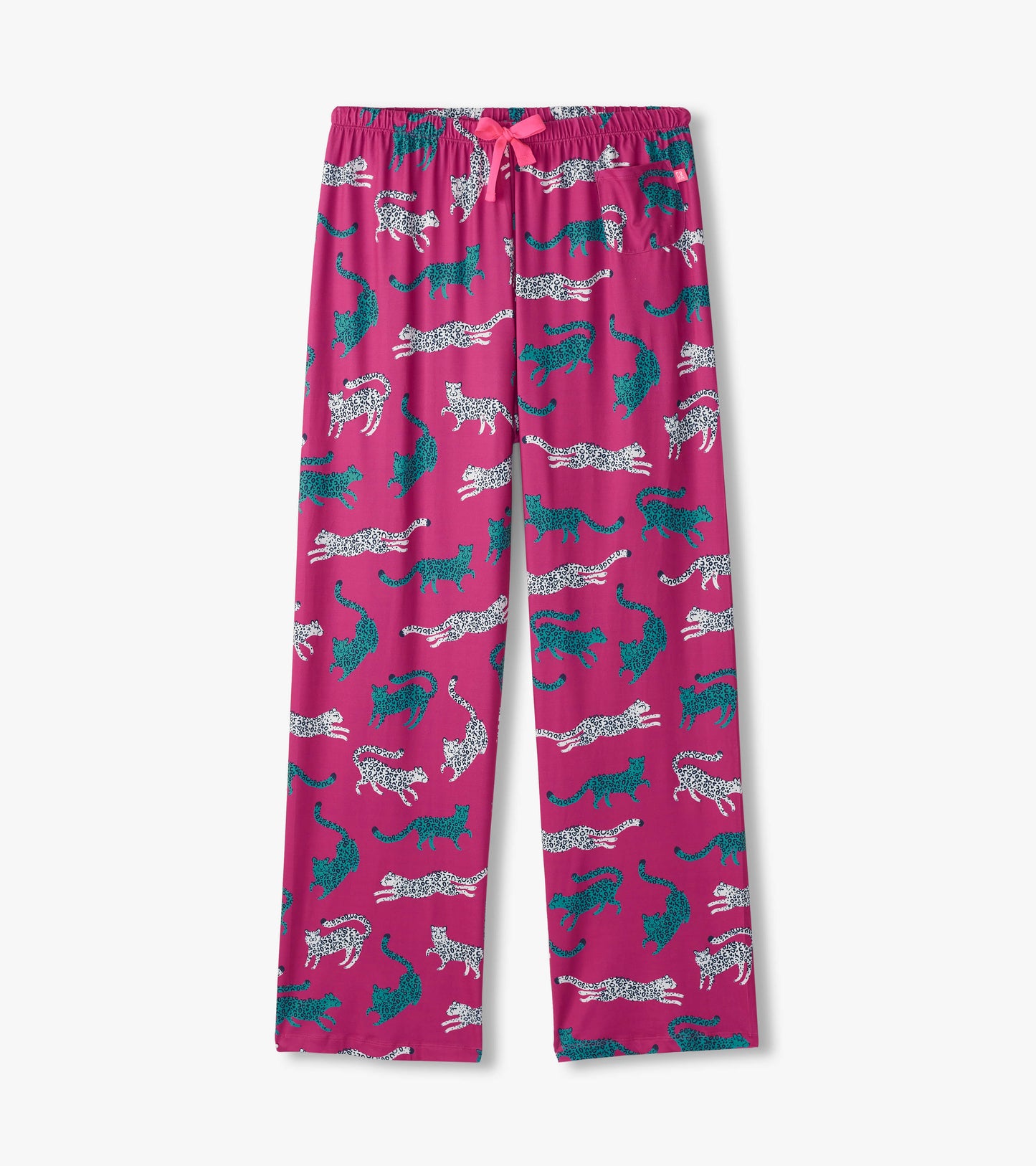 Fuchsia pajama pants featuring a playful cheetah print in white and teal, with an elastic waistband and drawstring.