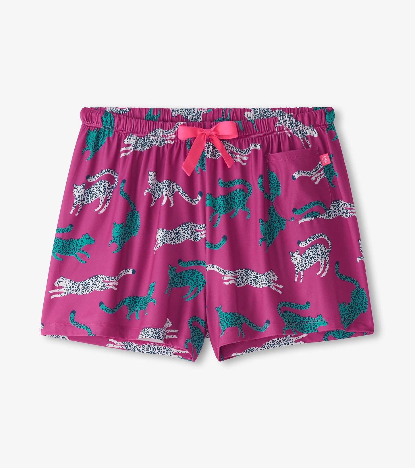 Pink pajama shorts featuring a cheetah print in white and teal, with an elastic waistband and a front pocket.