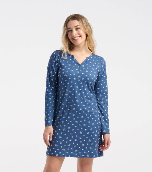 Blue long sleeve nightshirt featuring a snowflake pattern and a V-neck design, suitable for cozy wear.