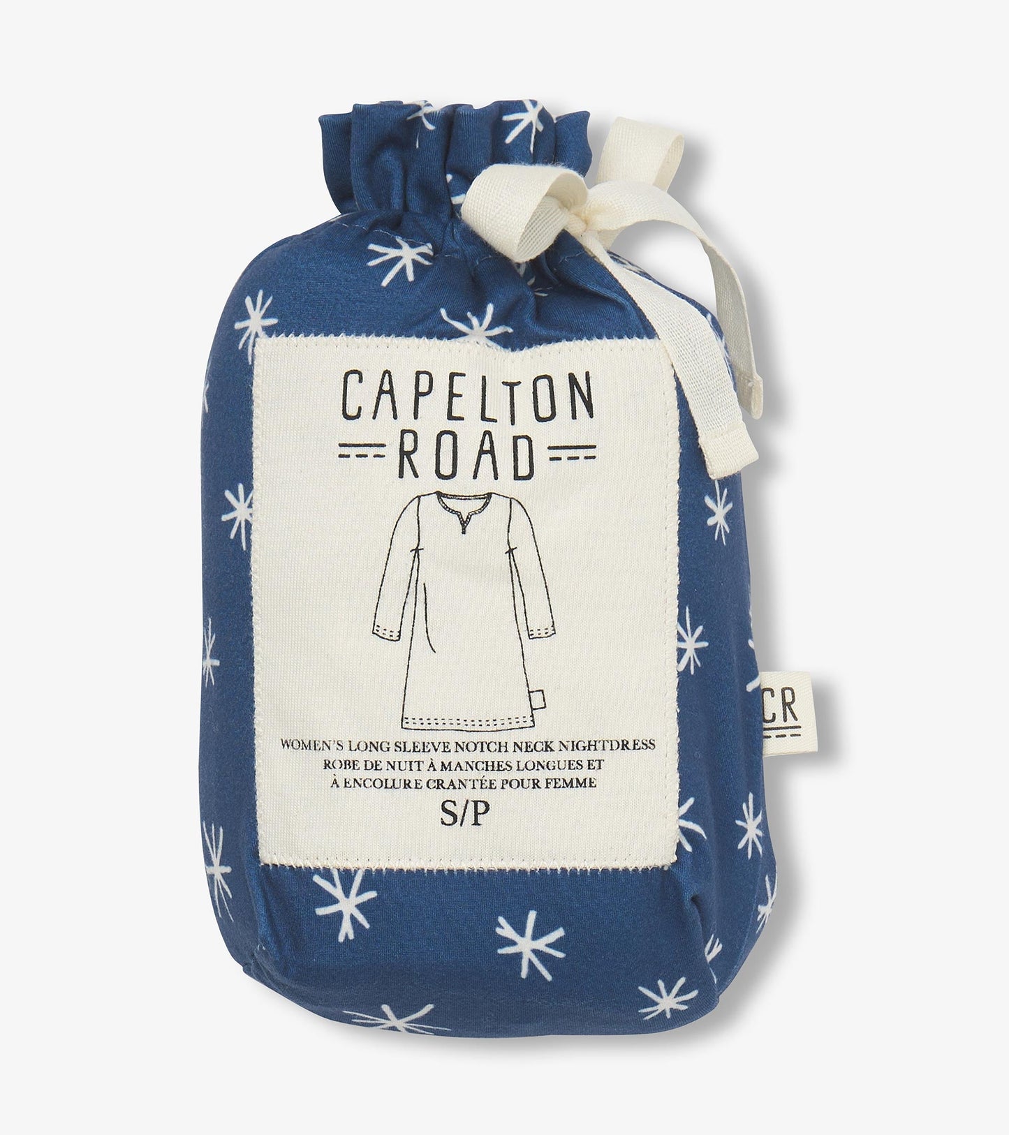 Blue polyknit long sleeve nightshirt featuring white snowflake pattern, packaged in a drawstring bag.