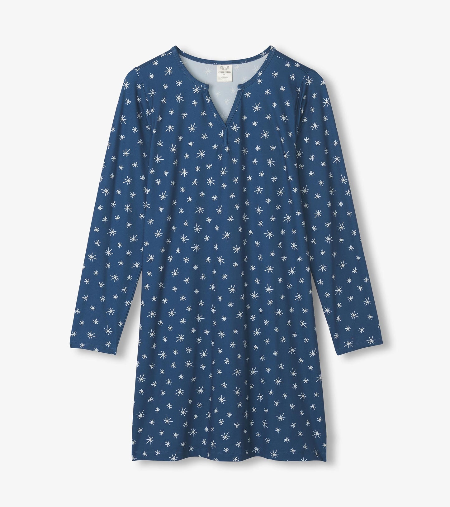 Blue long sleeve nightshirt featuring a snowflake pattern and a V-neck design. Suitable for cozy nighttime wear.