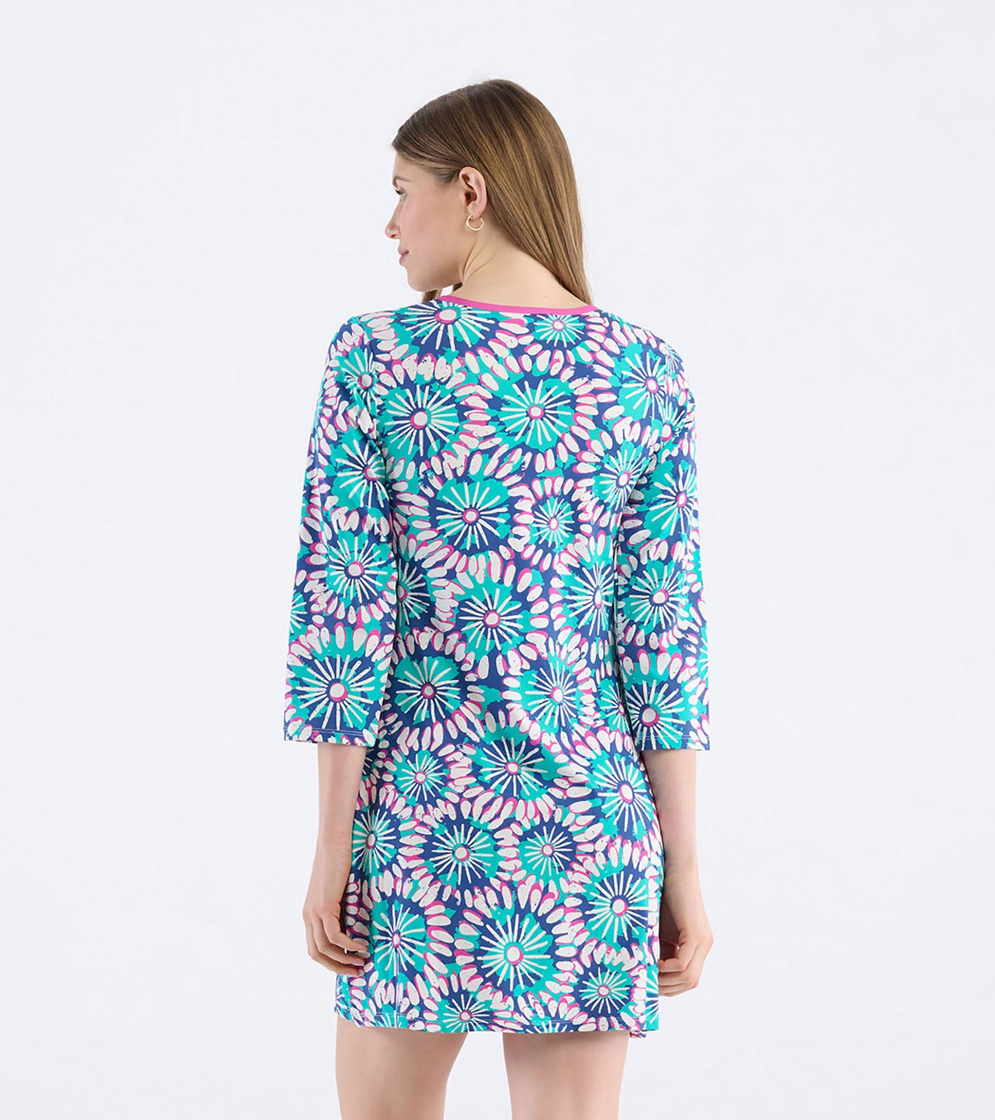 Colorful sundress featuring a vibrant floral mandala pattern, with three-quarter sleeves and a relaxed fit.