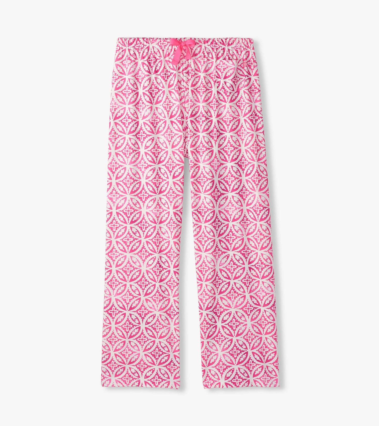 Pink pajama pants featuring a lotus mandala pattern, made from soft polyknit fabric with a drawstring waist.