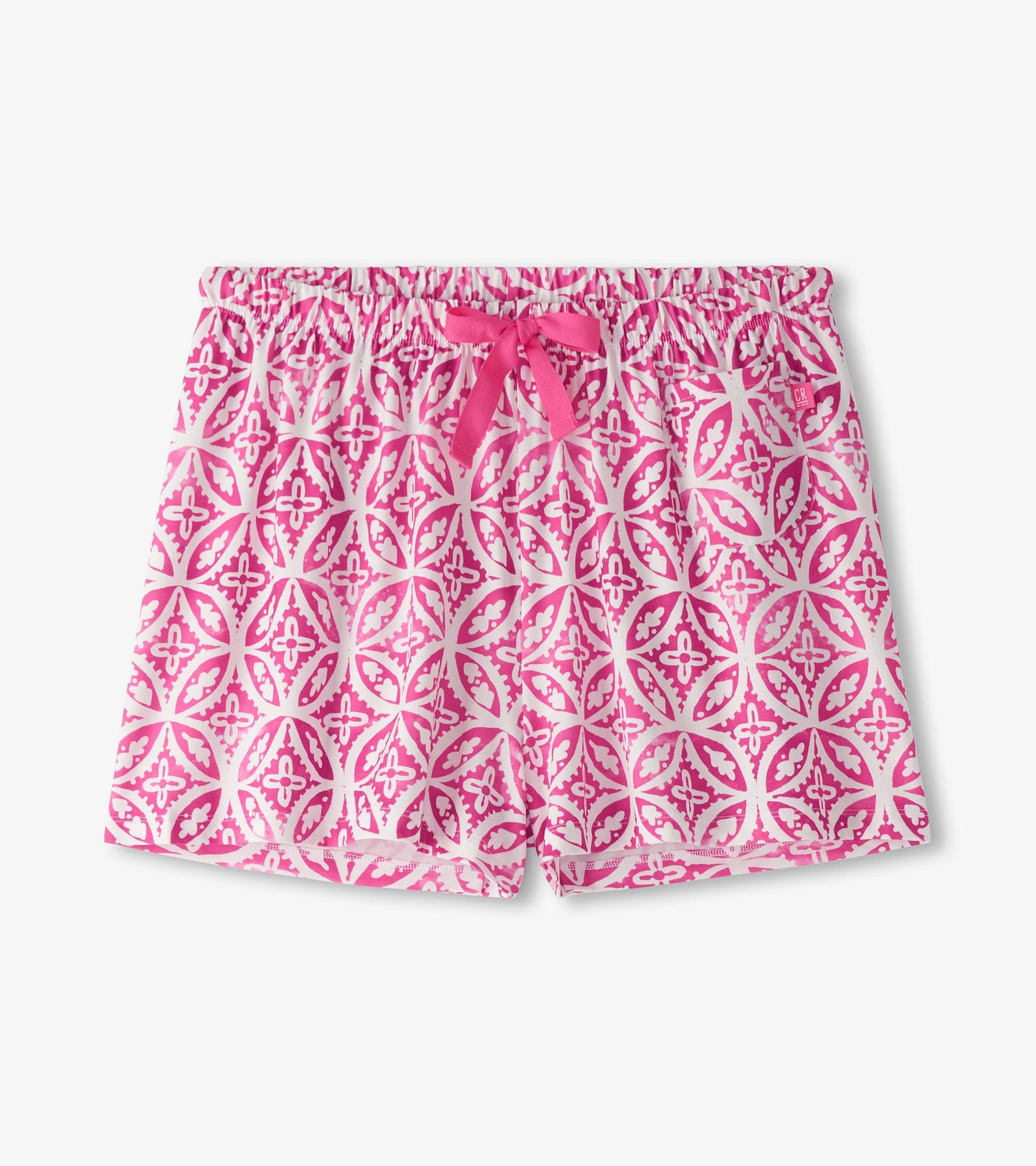 Pink pajama shorts featuring a floral pattern and an elastic waistband with a bow tie detail.