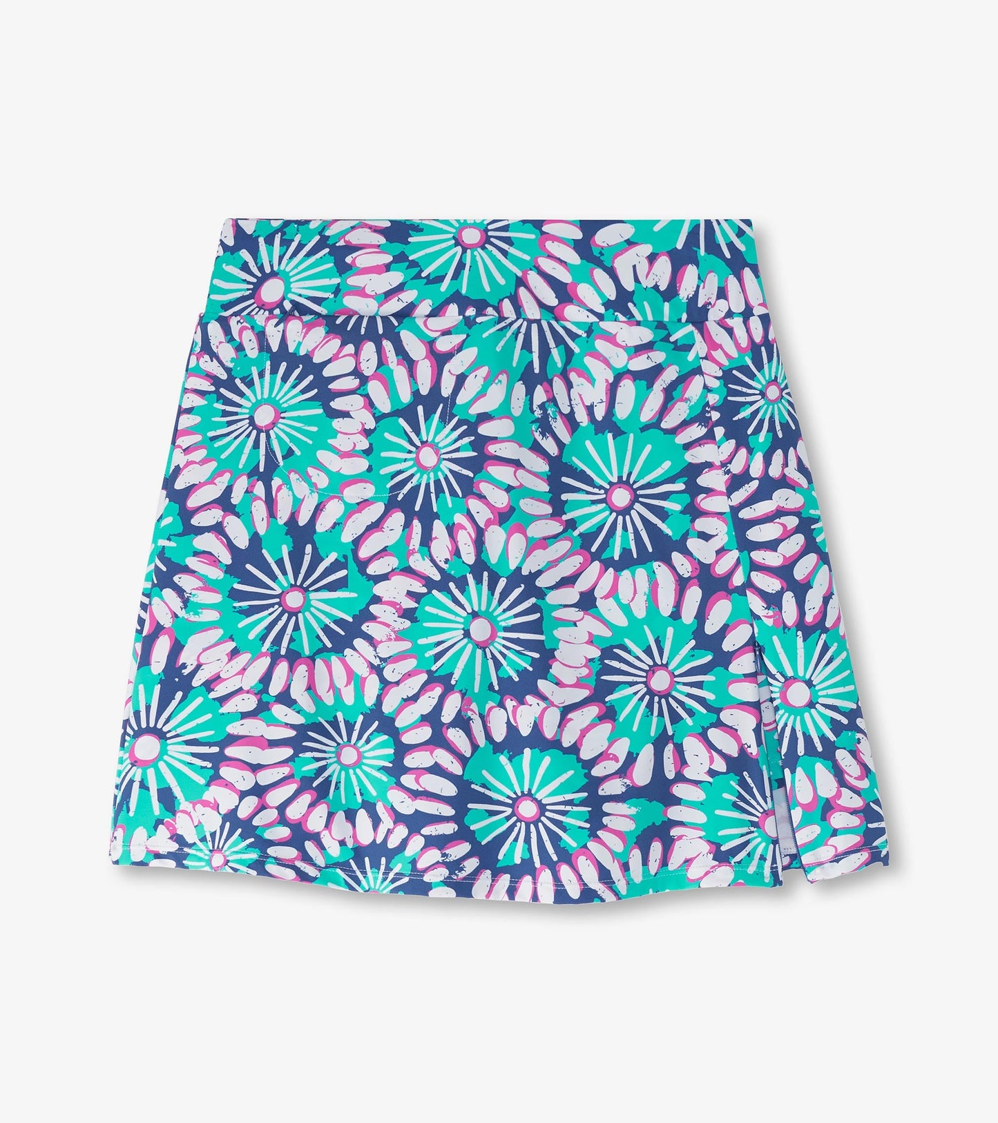 Floral-patterned skort in teal, purple, and white with a fitted waistband and side slit. Ideal for casual wear.