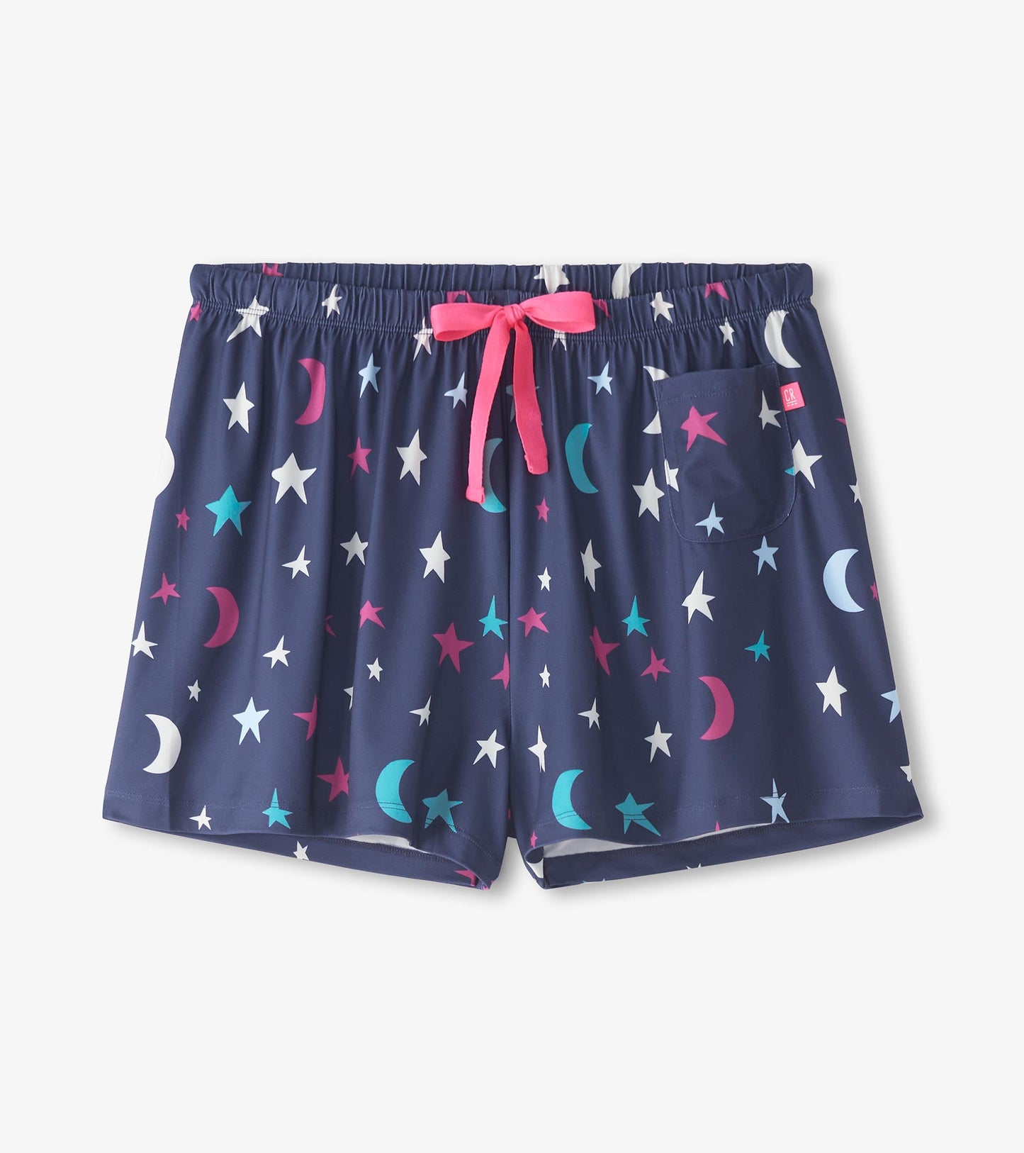 Navy pajama shorts with a star and moon pattern, featuring a pink drawstring and side pocket.