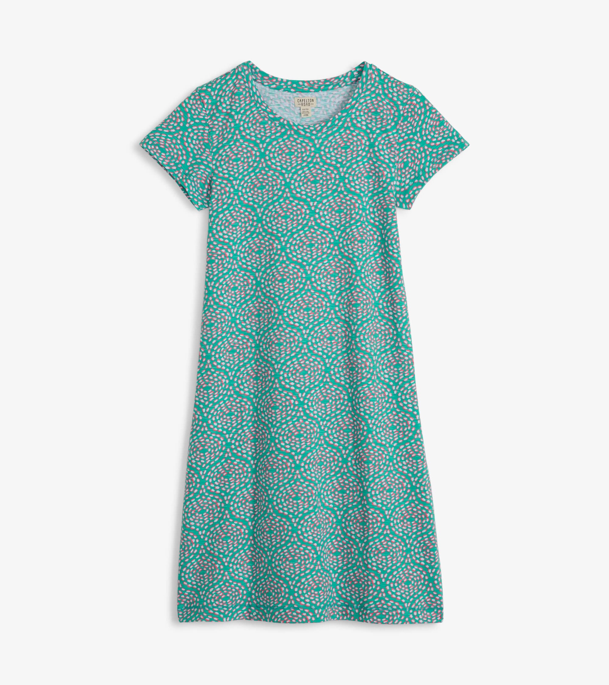 Short-sleeve crew neck t-shirt dress in teal with a colorful, abstract pattern, suitable for casual wear.