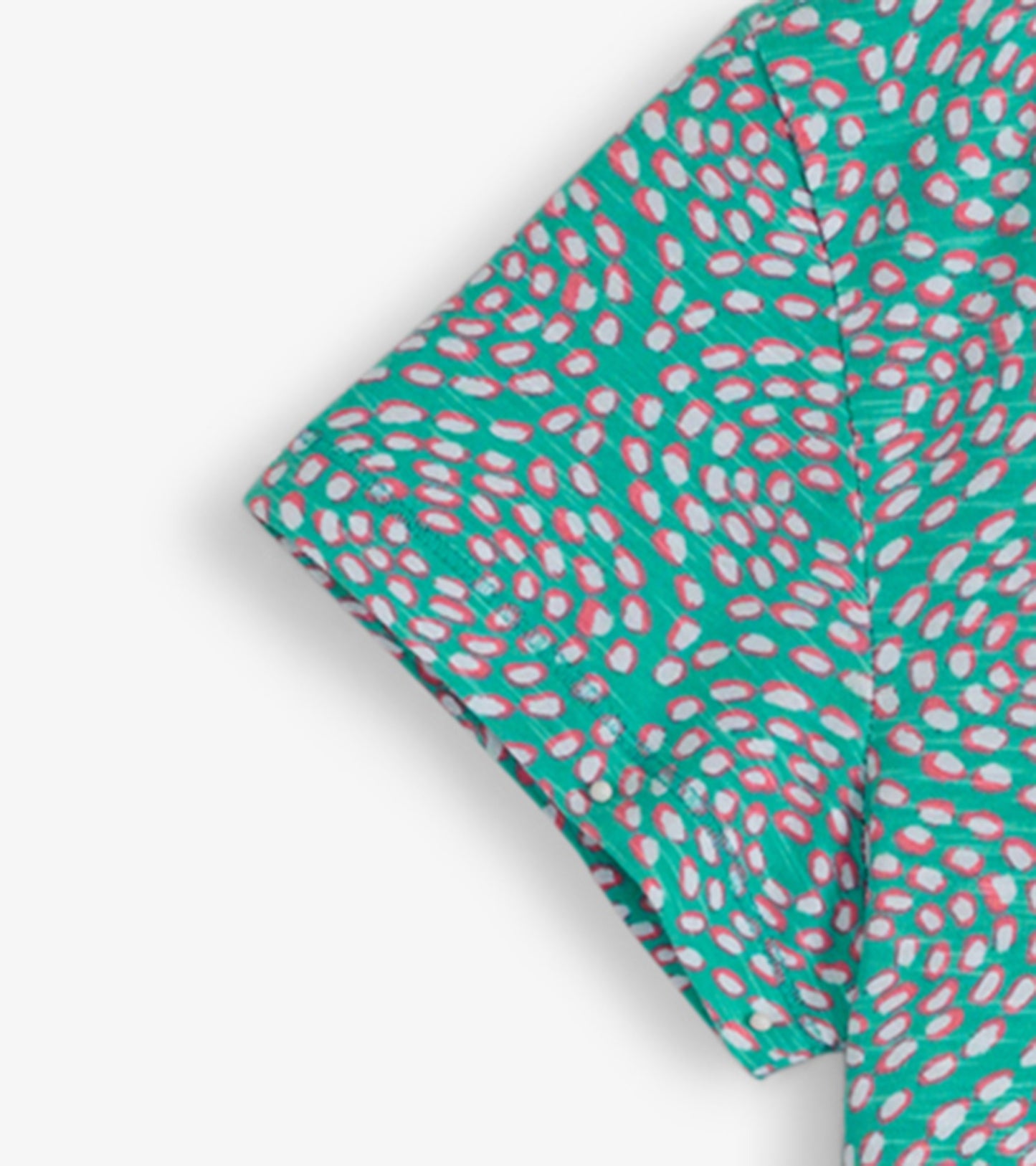 Teal crew neck t-shirt dress featuring a playful pink and white dot pattern, short sleeves, and a relaxed fit.