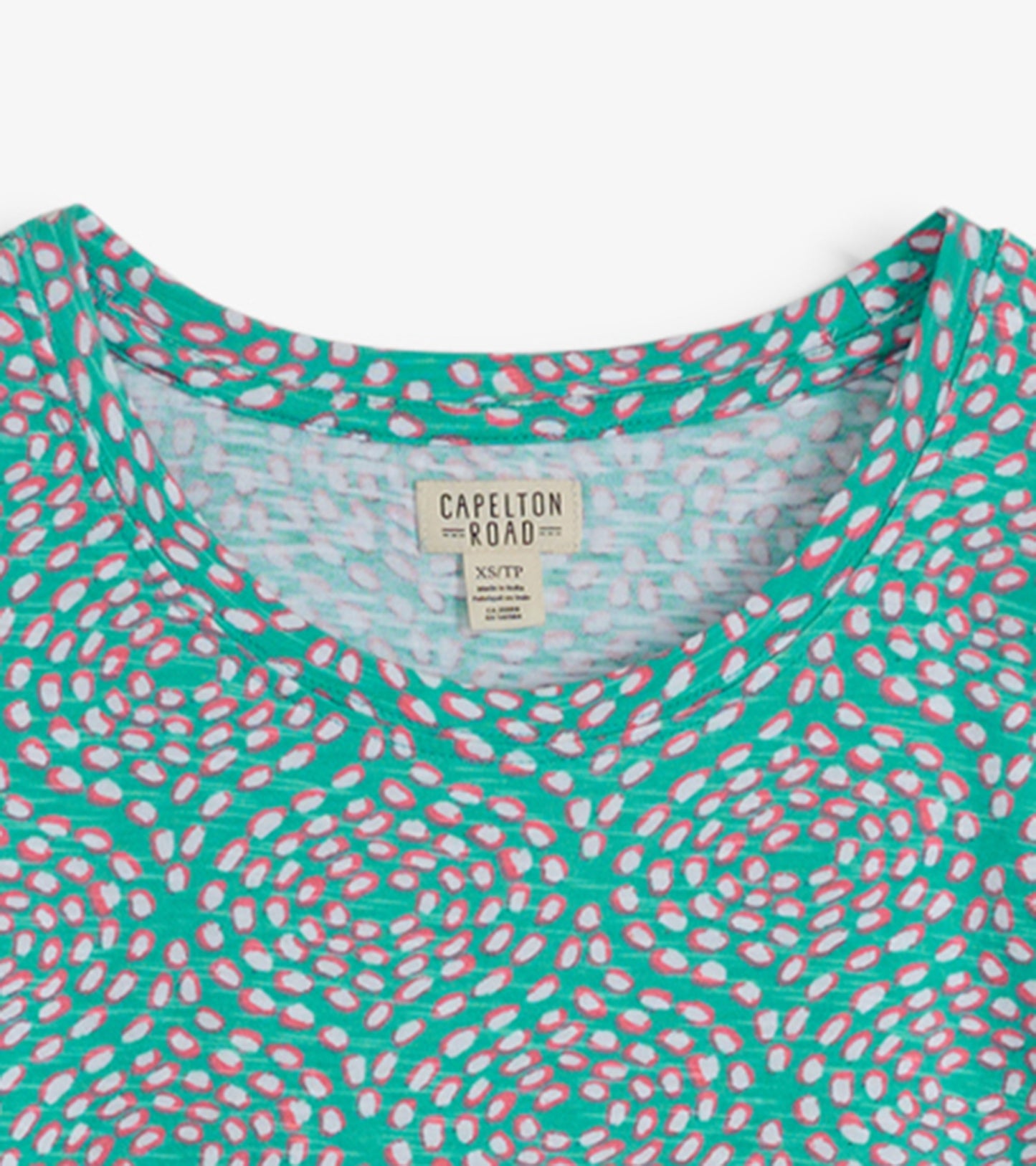 Turquoise crew neck t-shirt dress featuring a playful pink and white pattern, ideal for casual wear.