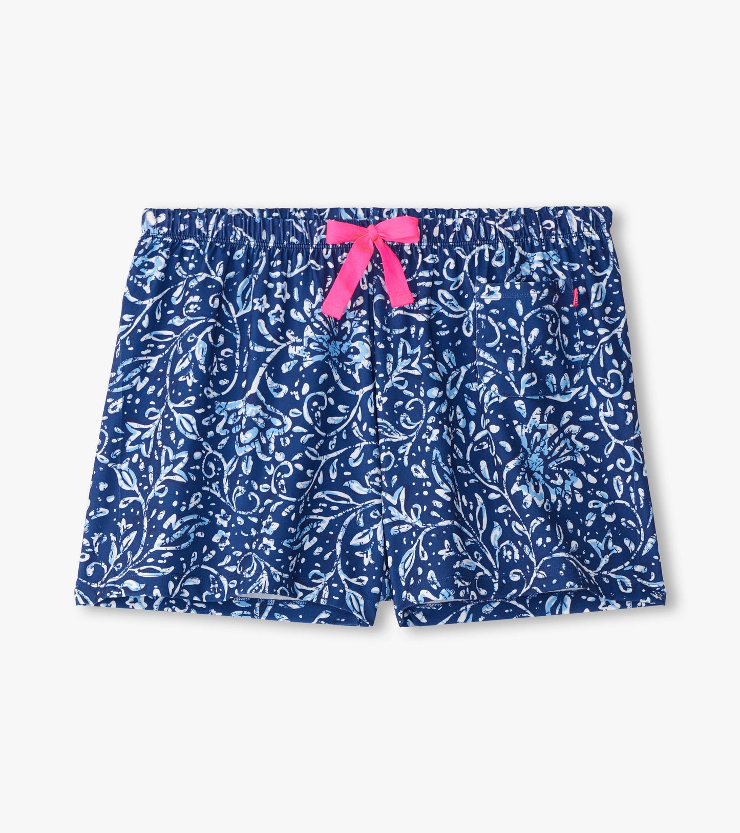 Navy blue pajama shorts with a floral batik pattern and a pink drawstring waistband.
