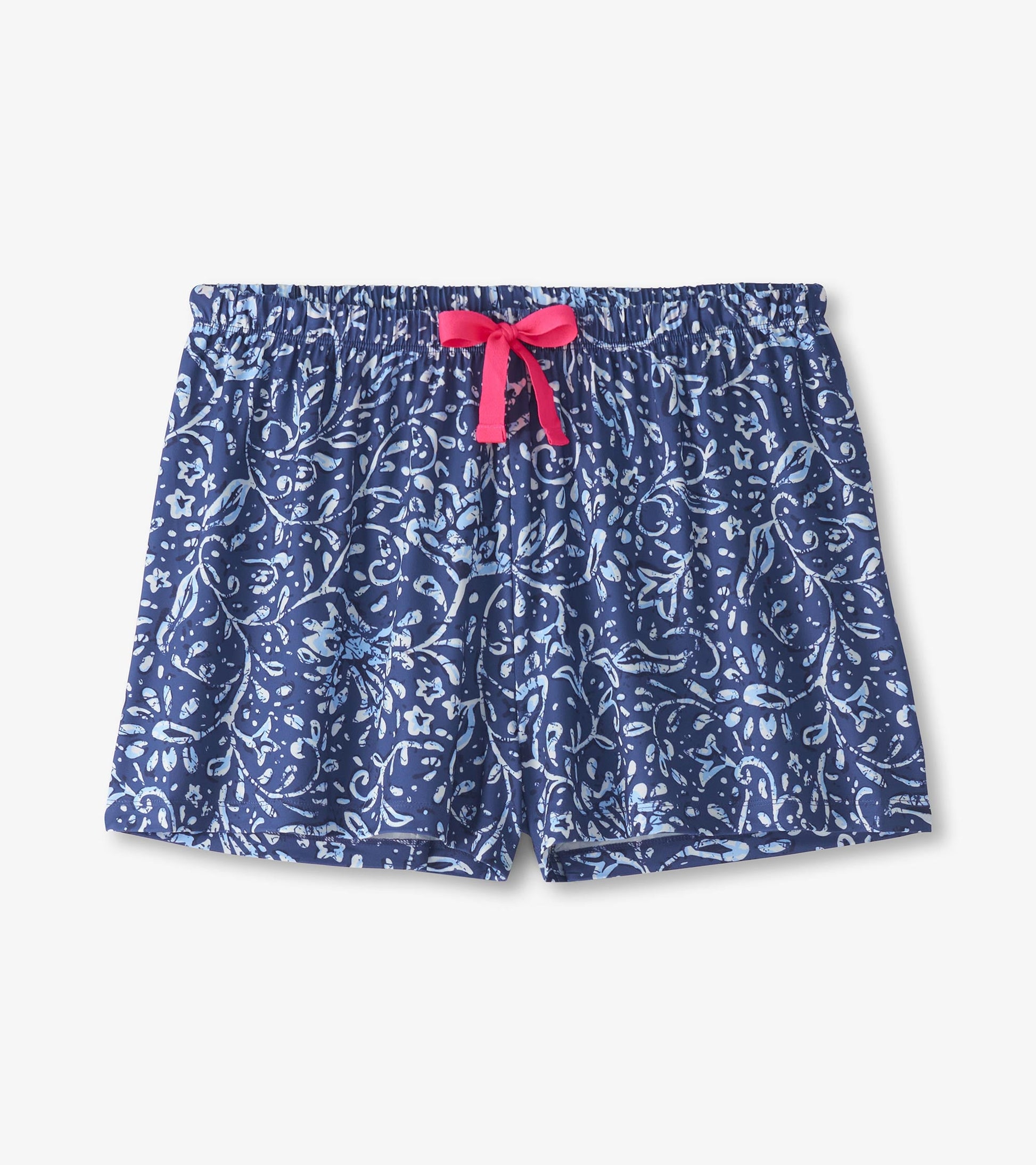 Navy blue pajama shorts with a floral batik pattern and a pink drawstring waistband.