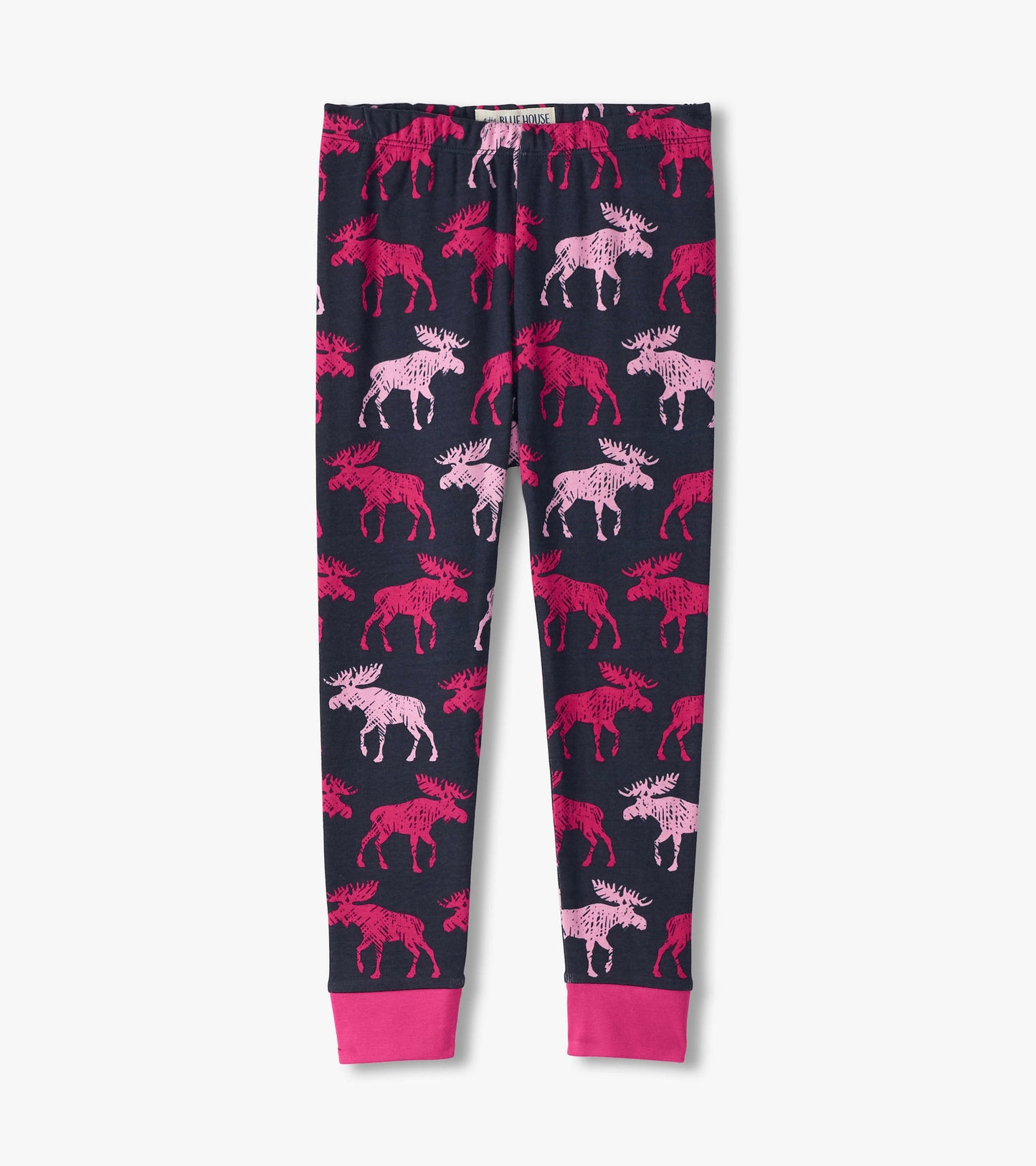 Navy pajama pants featuring a playful moose pattern in pink and red, with a pink cuff at the ankles.