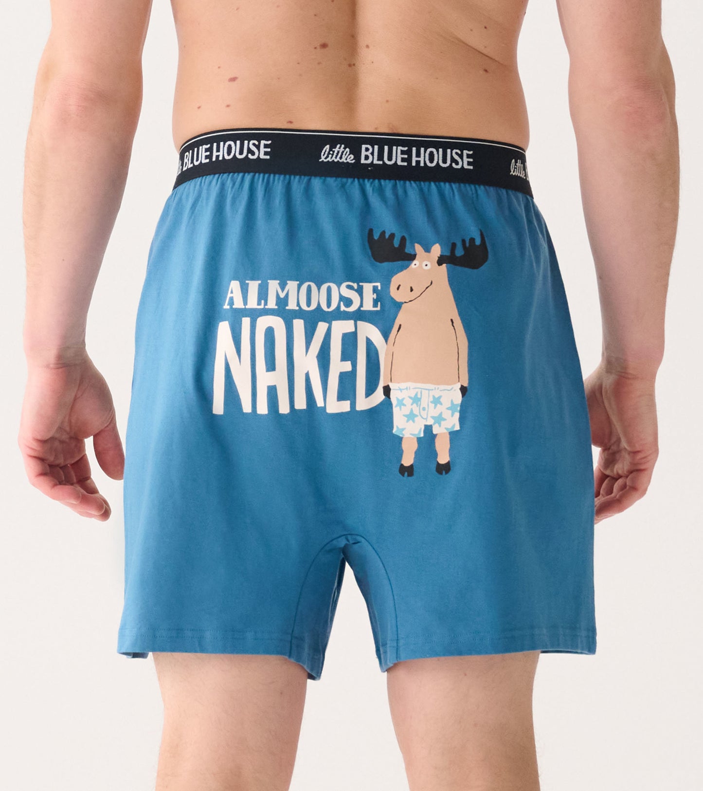 Blue cotton boxer shorts featuring a moose graphic and the text "ALMOOSE NAKED" on the back.