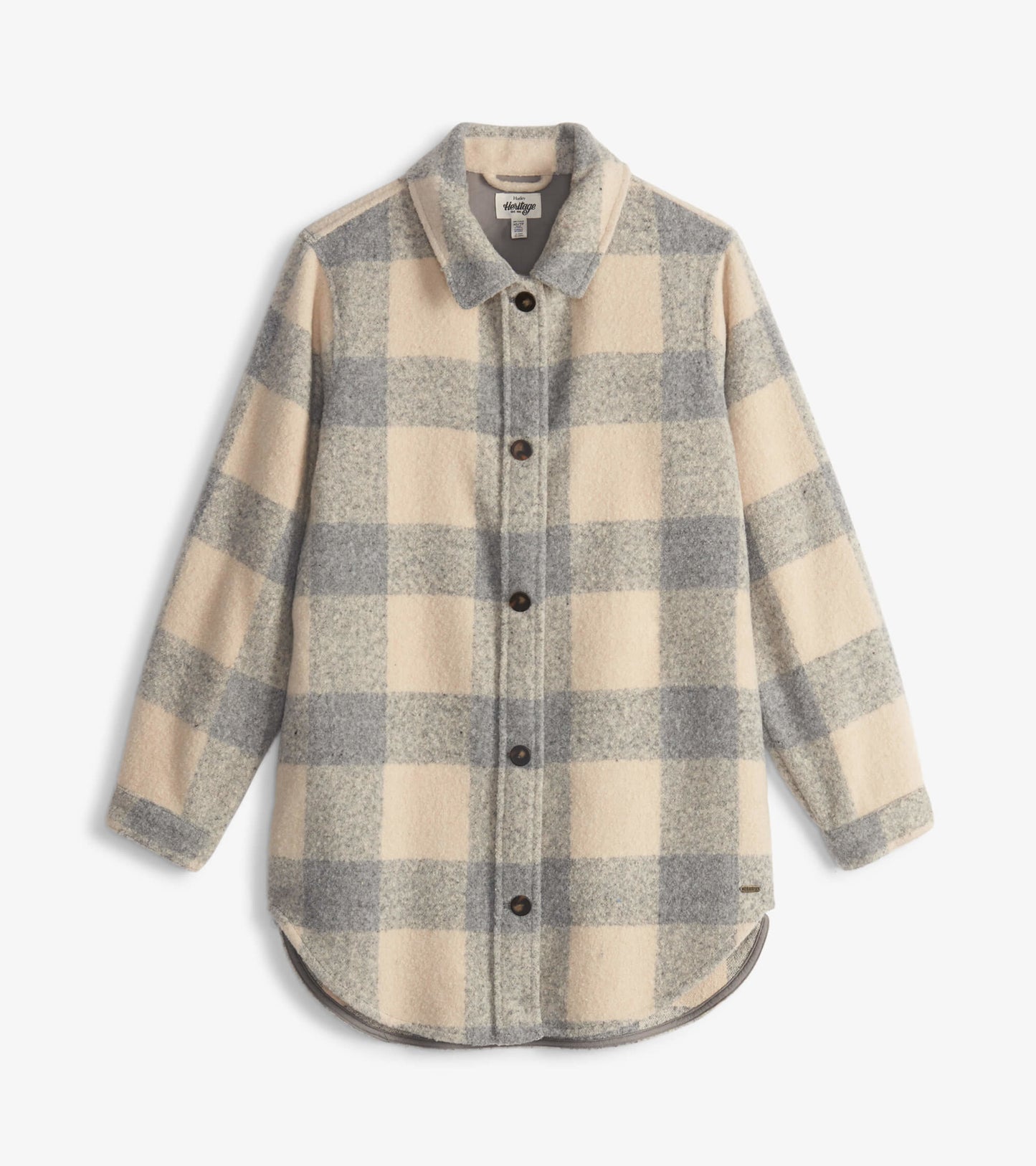 Neutral plaid overshirt in cream and gray, featuring a button front and a rounded hem, made from soft fabric.