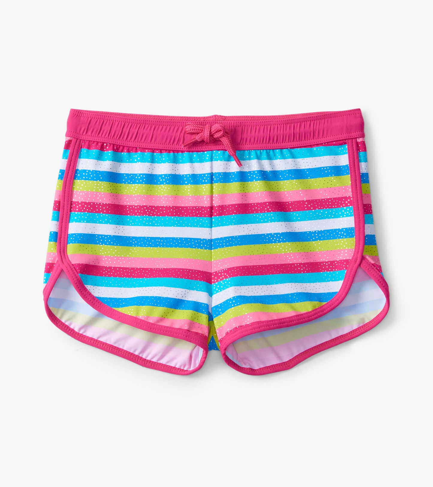 Colorful swim shorts featuring rainbow stripes in pink, blue, green, and yellow with a pink waistband and drawstring.