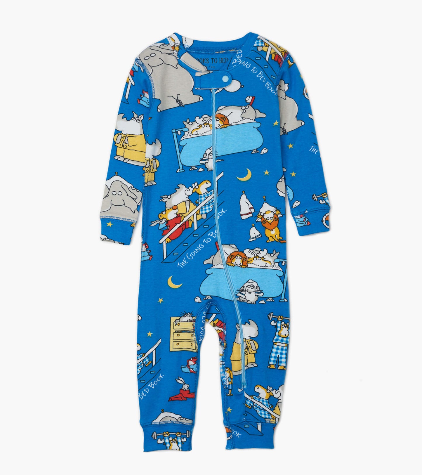 Blue infant coverall featuring playful bedtime-themed patterns and a front zipper for easy dressing. Available in multiple s…