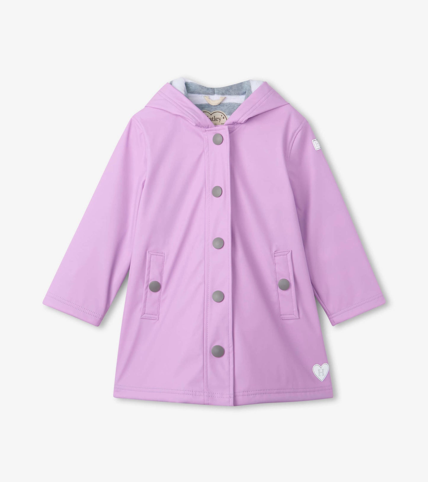 Lilac button-up rain jacket with a hood, snap buttons, and side pockets, designed for girls.