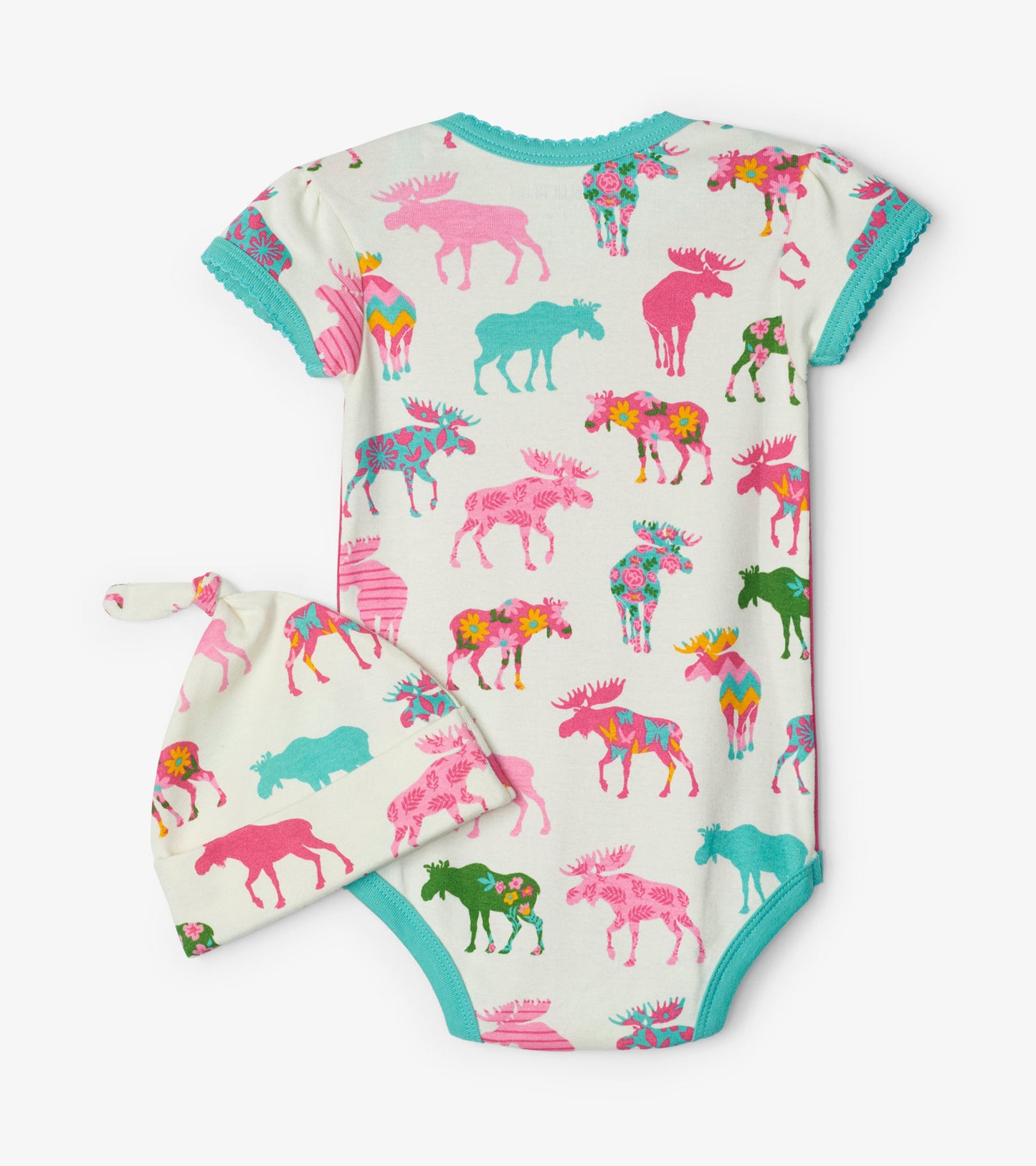 Colorful baby bodysuit featuring patterned moose in pink, green, and blue, paired with a matching hat.
