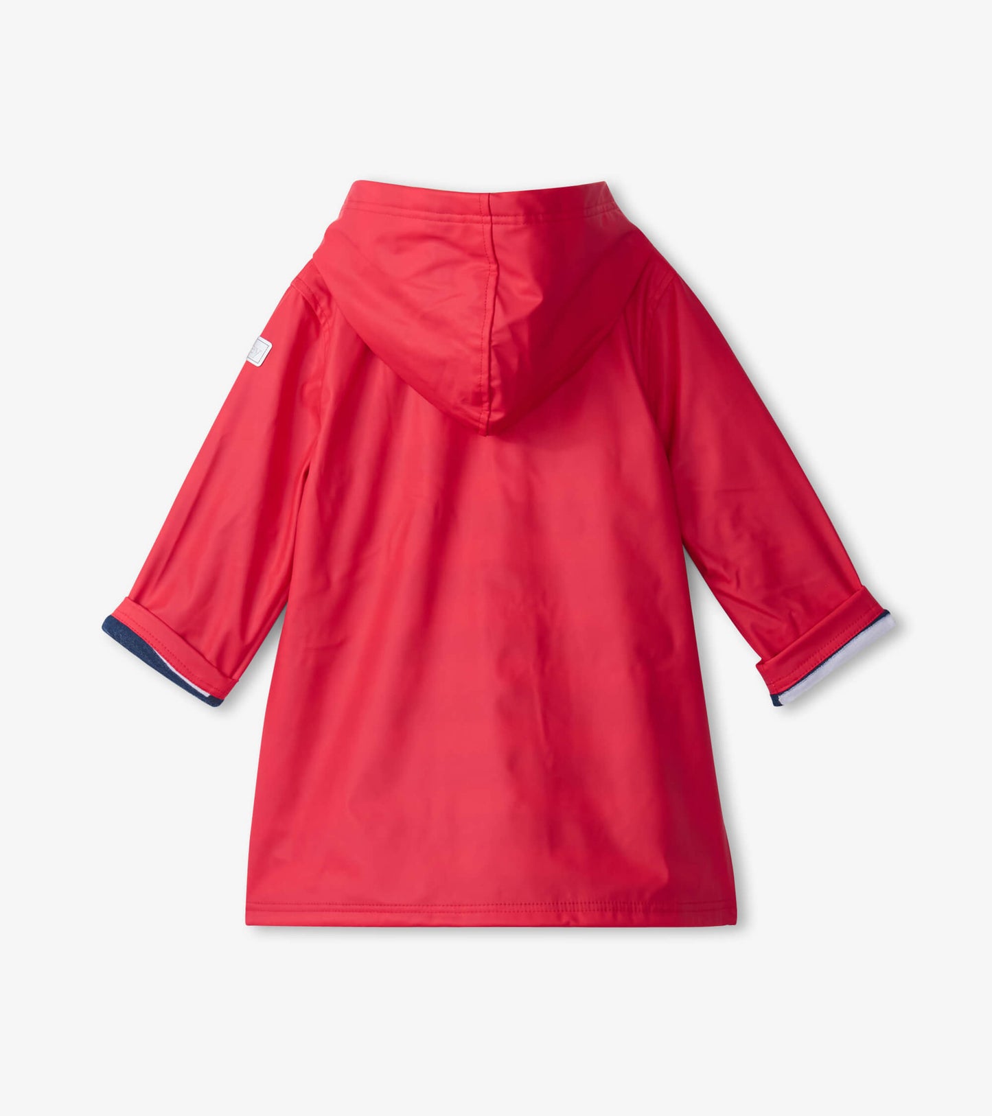 Red rain jacket with a hood and navy cuffs, featuring a smooth, waterproof material. Back view displayed.