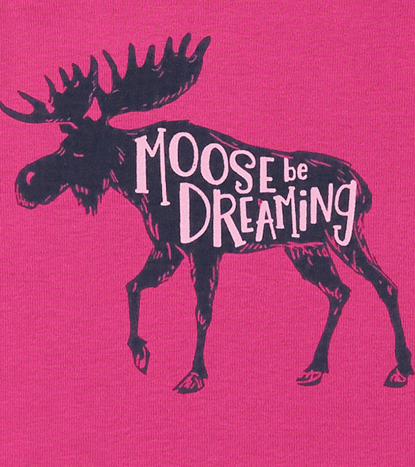 Pink baby bodysuit featuring a black moose graphic with the text "Moose be Dreaming." Suitable for infants.