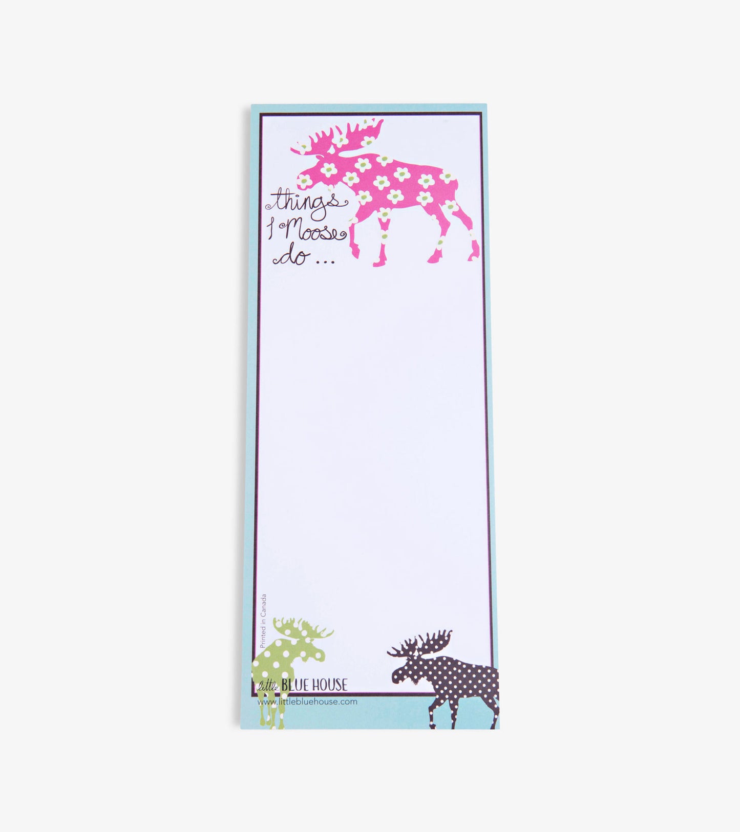 Magnetic notepad featuring a pink moose with flowers, green and brown moose accents, and a blank writing area.