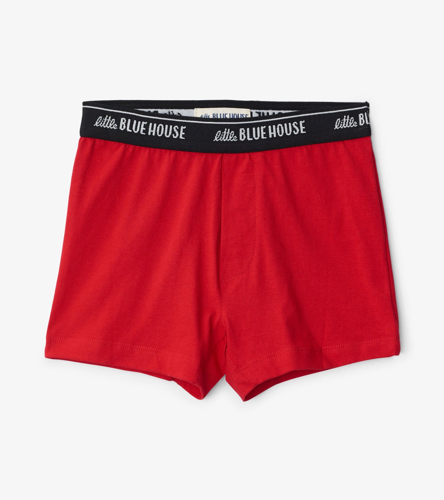 Red boxer briefs with a black waistband, featuring a soft cotton material and a comfortable fit.