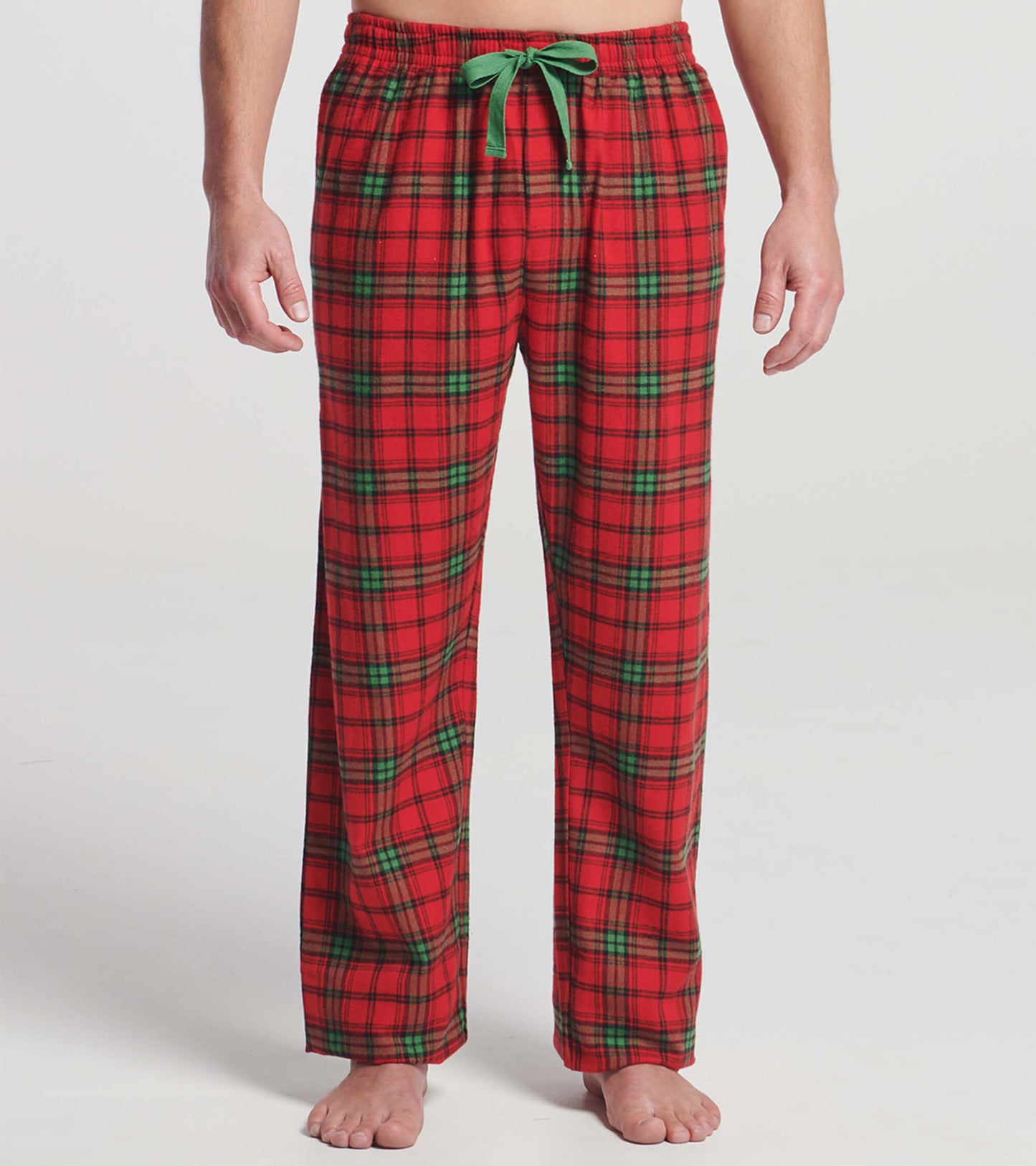 Red flannel pajama pants with a classic plaid pattern, featuring green accents and an elastic waistband with a drawstring.
