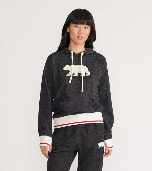 Charcoal pullover hoodie featuring a white bear graphic, drawstring hood, and striped ribbed hem and cuffs.