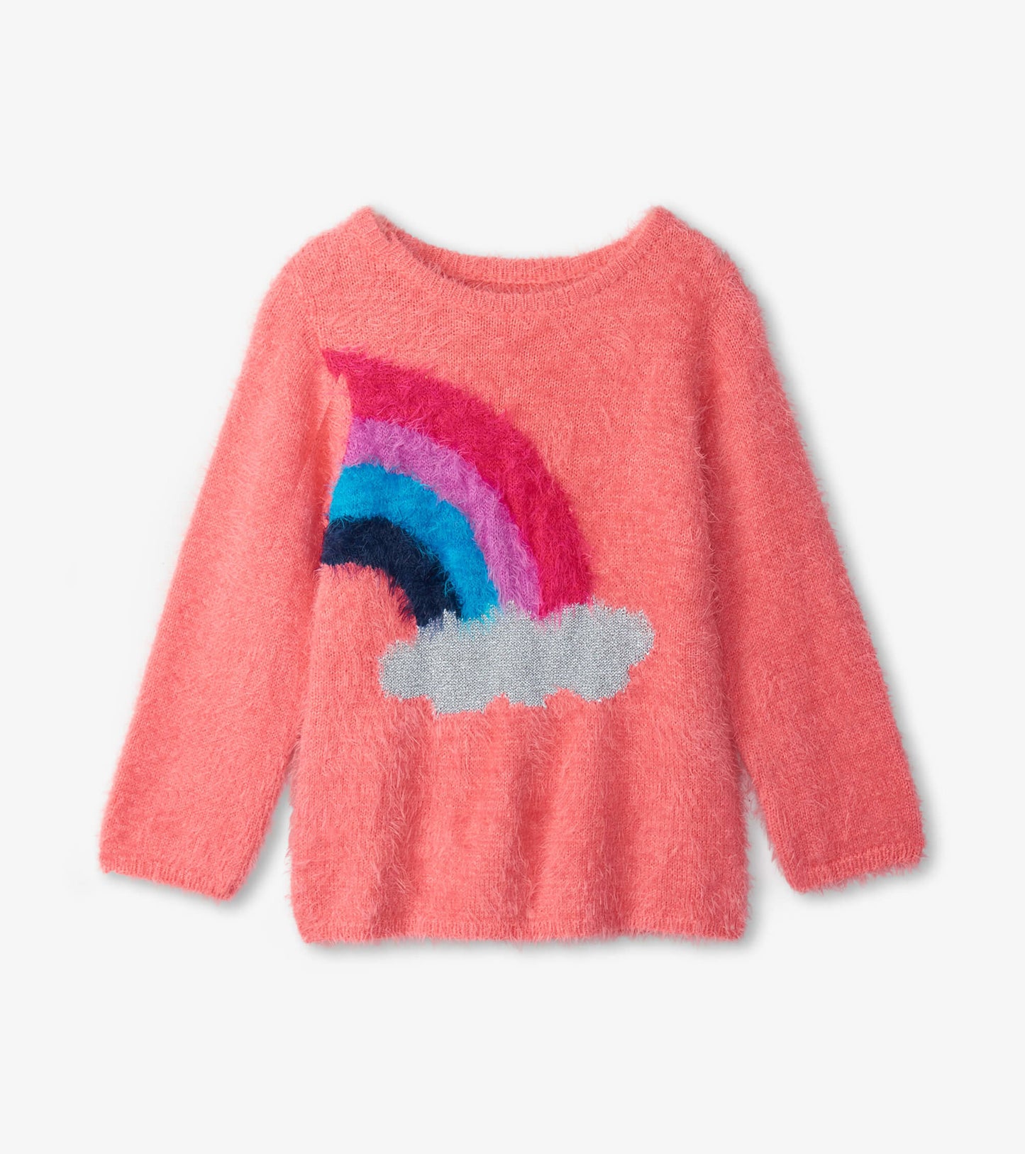 Fuzzy pink sweater featuring a colorful rainbow and cloud design, perfect for cozy wear.