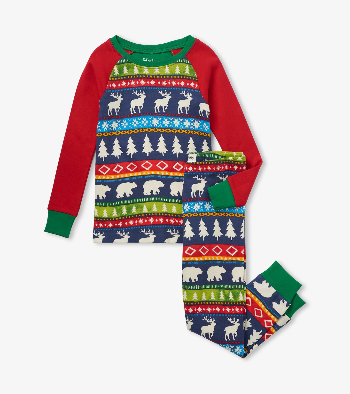 Navy organic cotton pajama set featuring Fairisle pattern with moose, bears, and trees; red raglan sleeves and green cuffs.