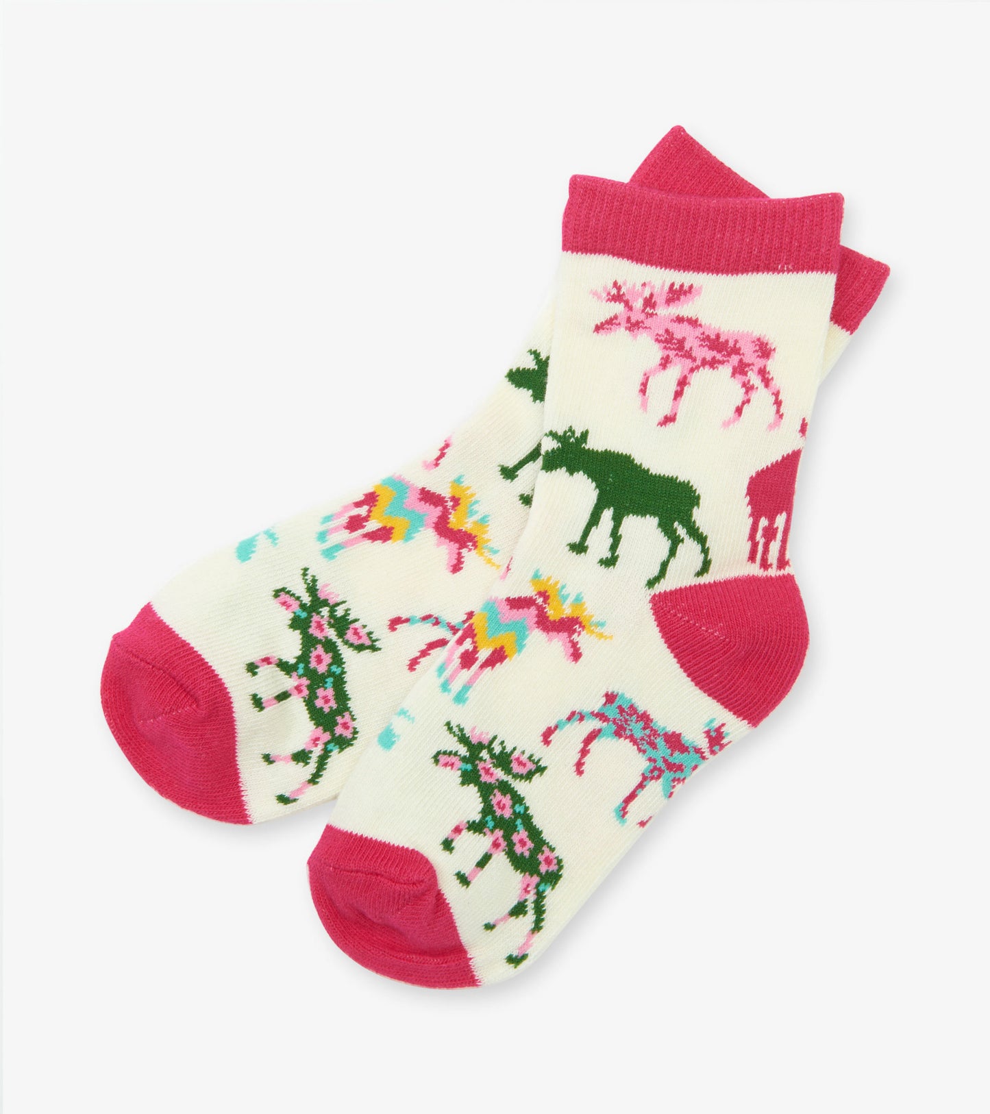 Cream crew socks featuring colorful moose and floral patterns with pink accents, suitable for kids ages 2-7.