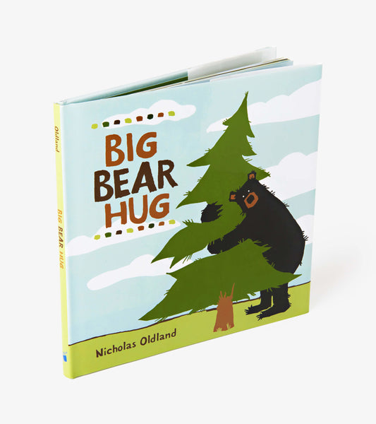 Children's book featuring a bear hugging a tree, with colorful illustrations and playful text on a light blue background.
