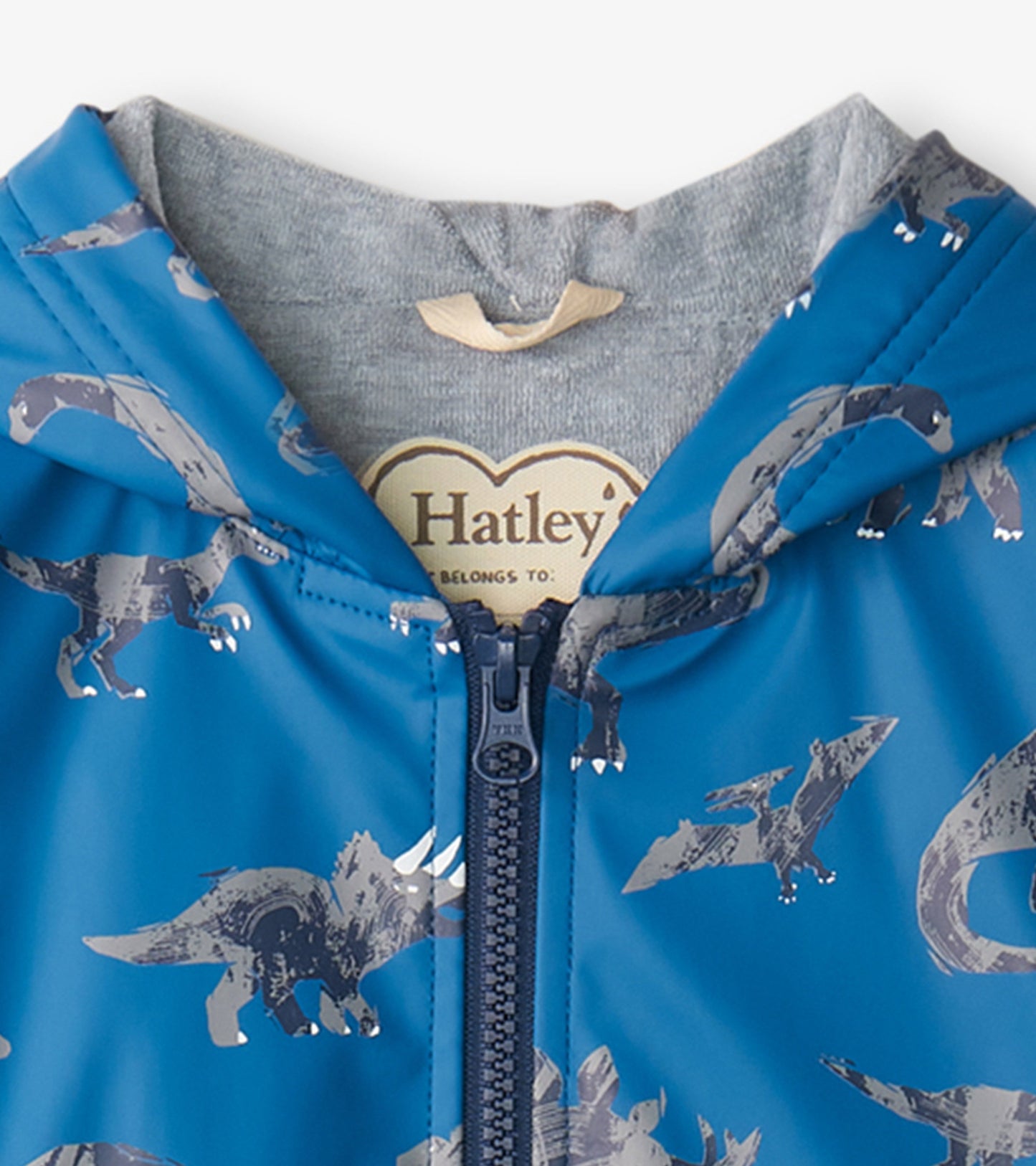 Blue zip-up rain jacket featuring a dinosaur pattern, with a gray interior lining and hood.