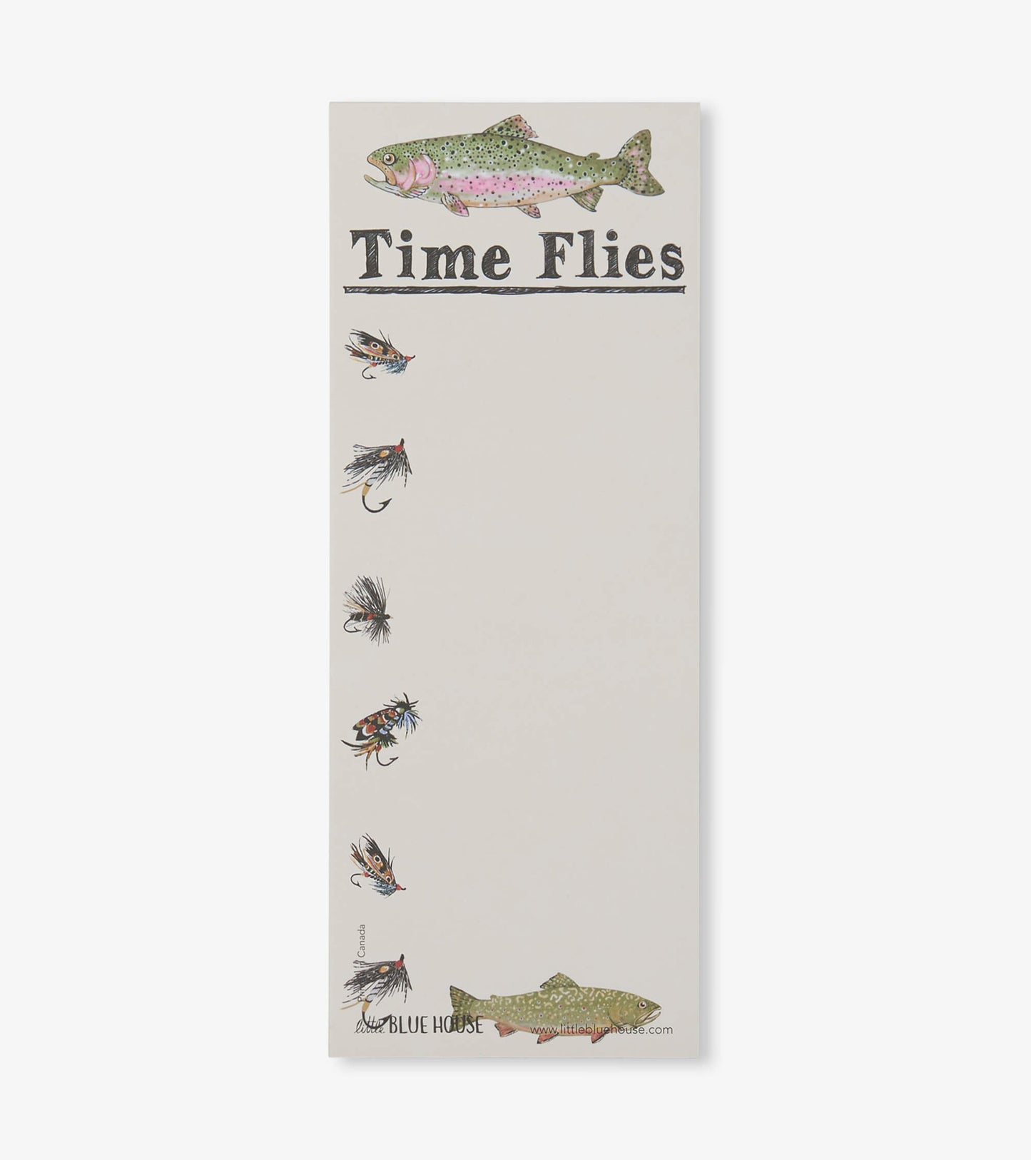 Magnetic list pad featuring a colorful fish illustration and fishing flies, with "Time Flies" text at the top.