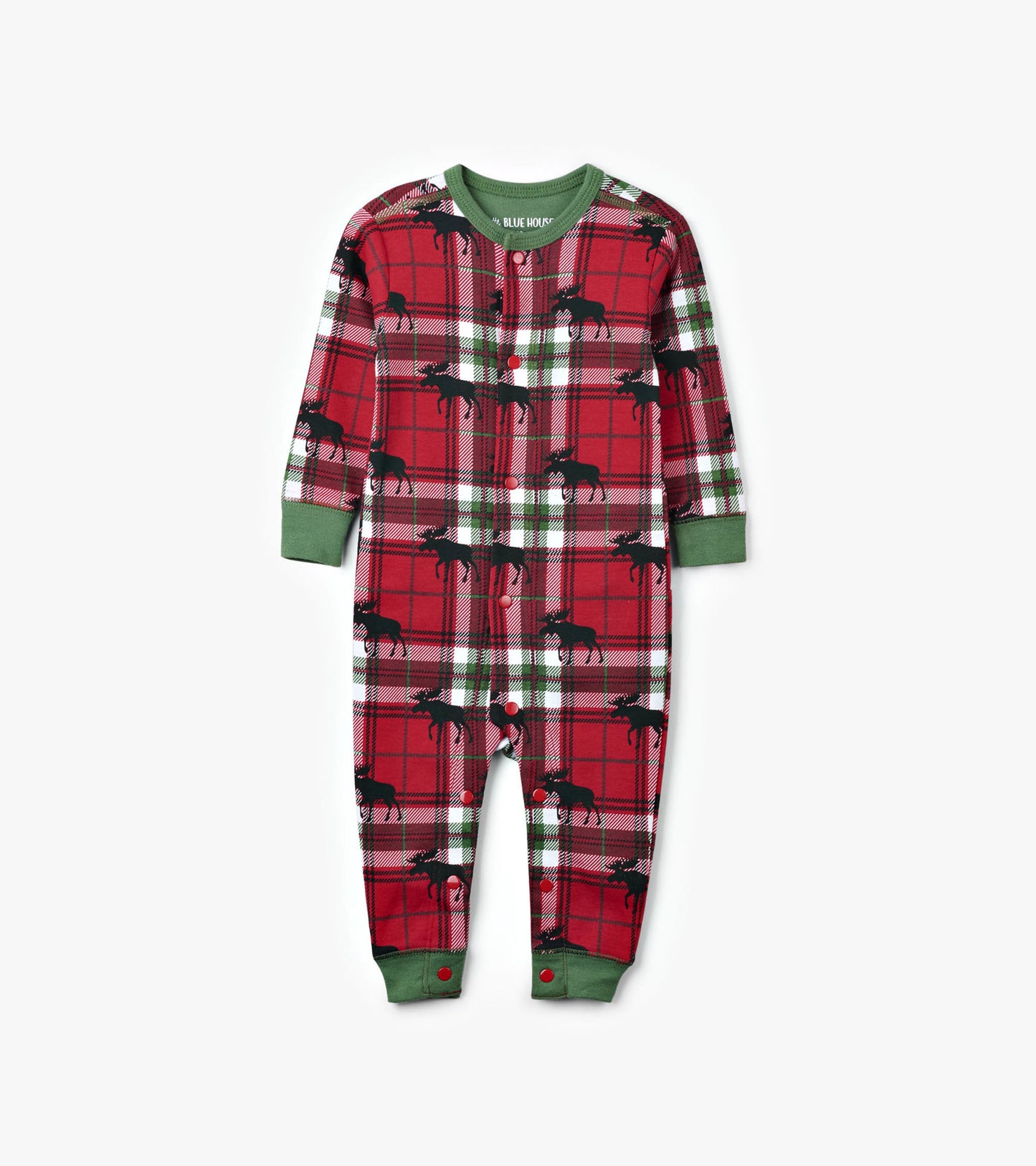Red plaid baby union suit featuring moose patterns, long sleeves, and green cuffs with snap closures.