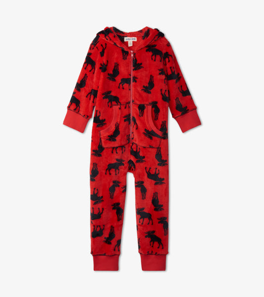 Red hooded fleece jumpsuit featuring black moose patterns, with a front zipper and pockets. Suitable for kids.