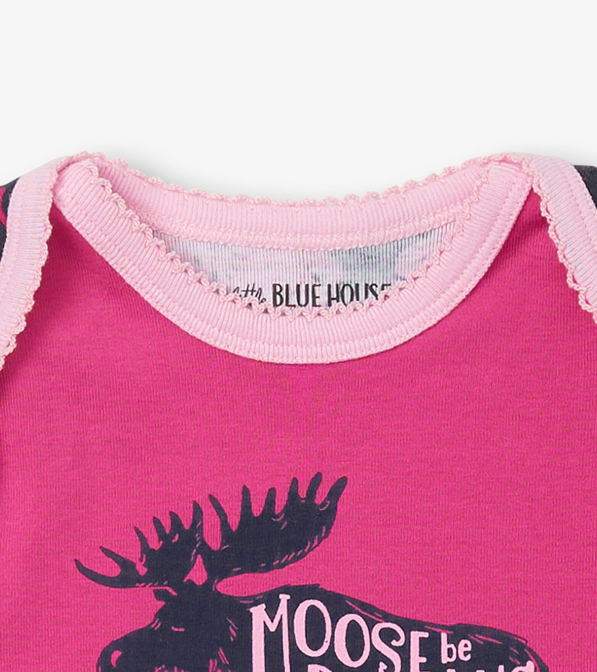 Pink baby bodysuit featuring a moose graphic and a scalloped neckline, suitable for infants aged 3-24 months.