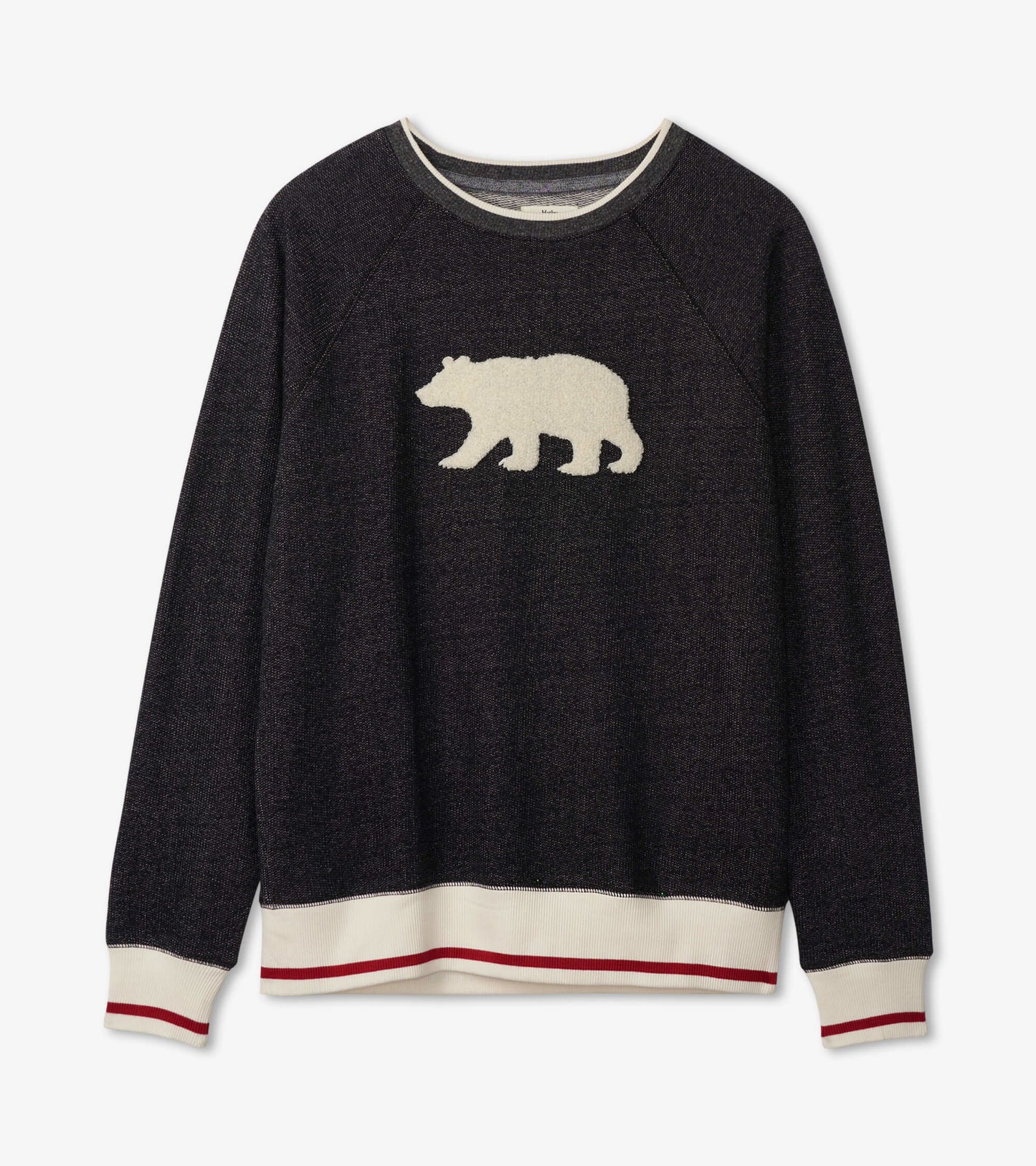 Dark charcoal pullover featuring a cream bear graphic and contrasting red and white striped hem and cuffs.