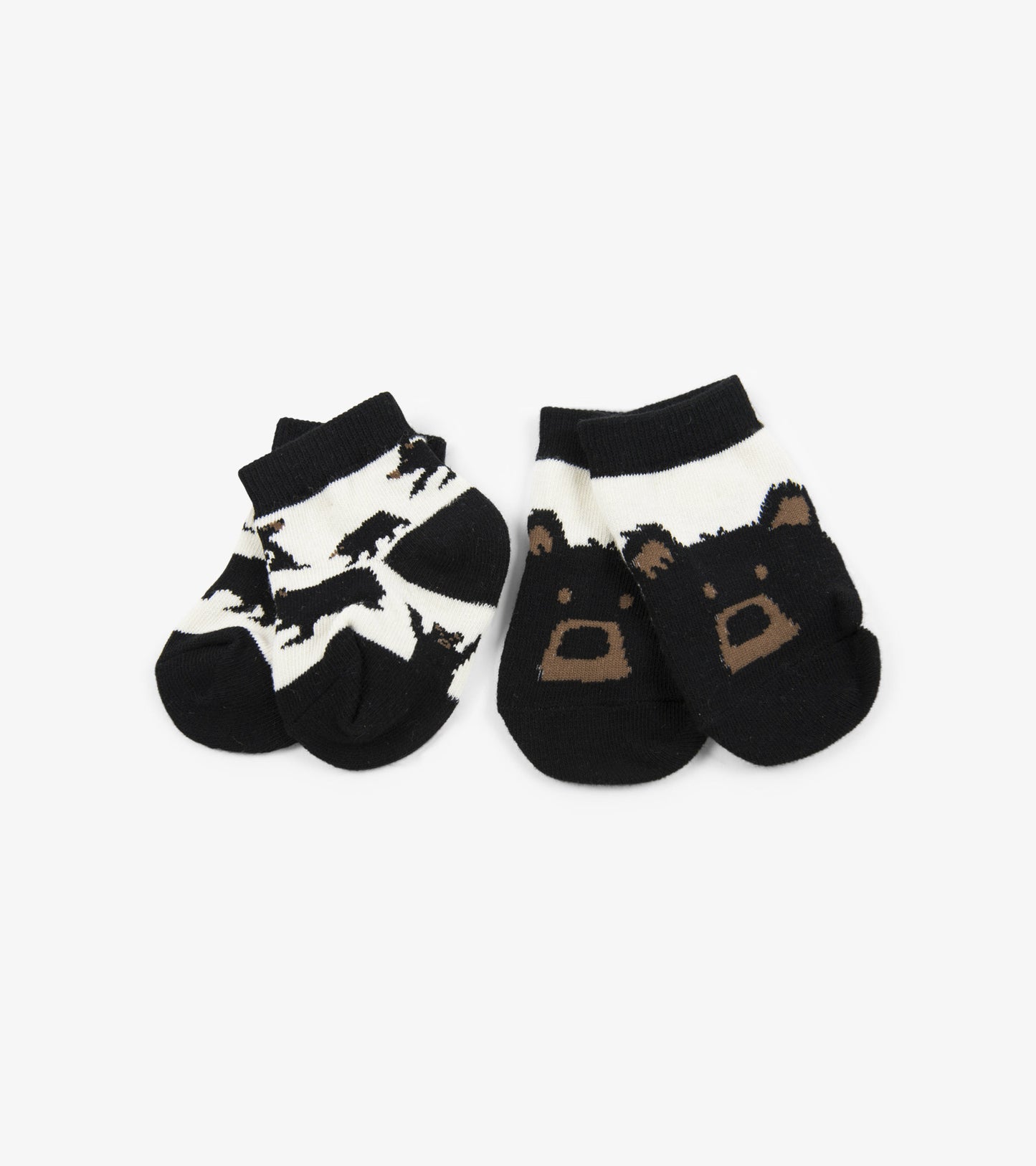 Black and white baby socks featuring bear patterns, made from soft material, suitable for everyday wear.