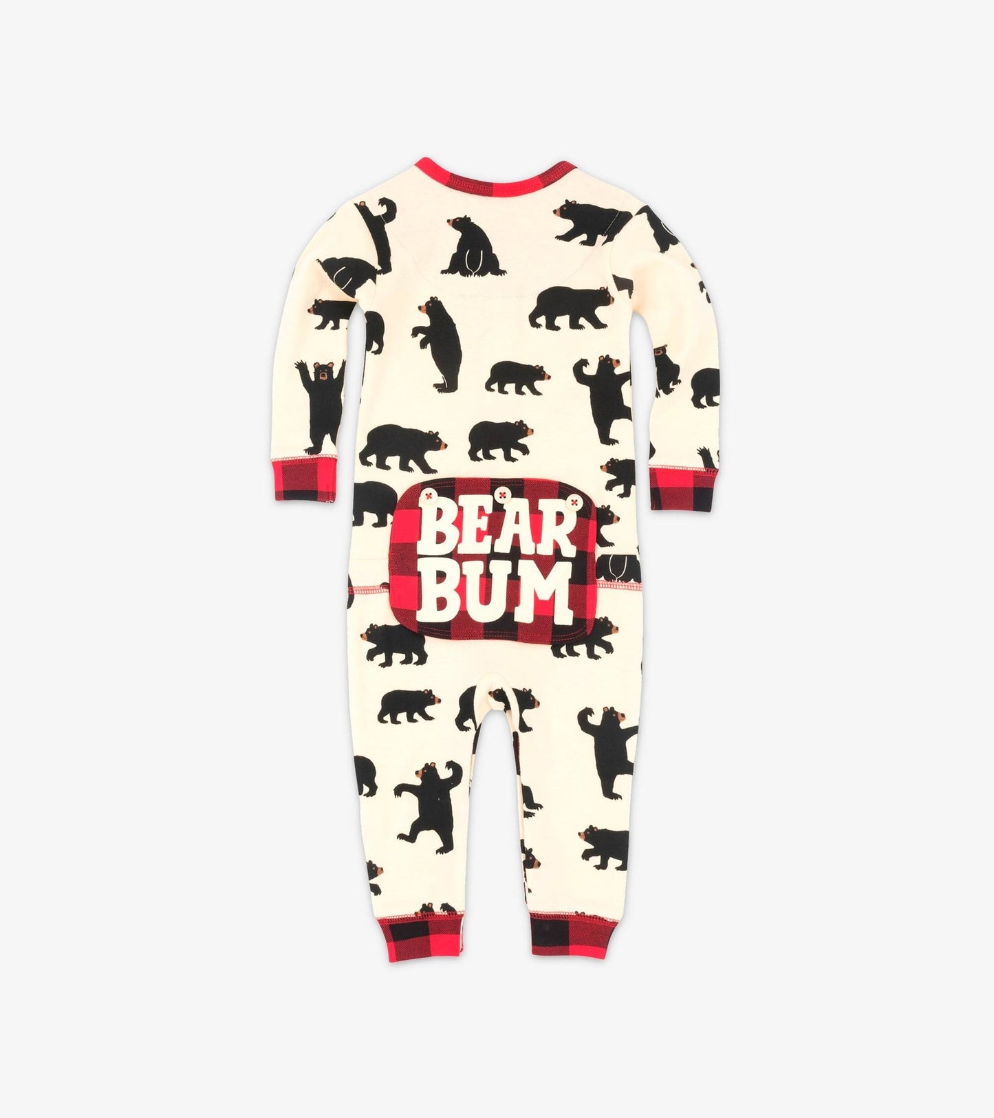 Cream-colored baby union suit featuring black bear patterns and a red checkered "BEAR BUM" patch on the back.