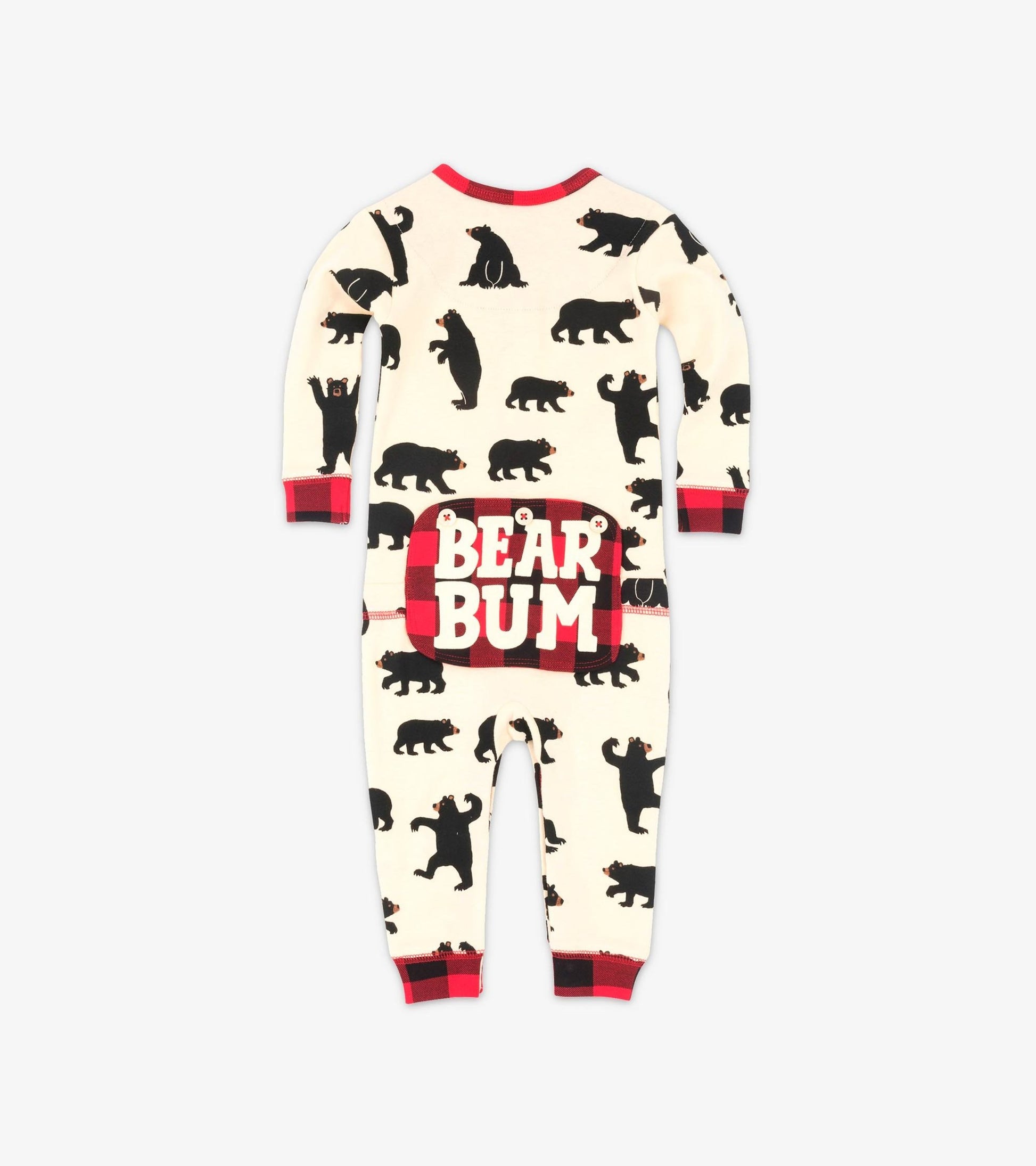 Cream-colored baby union suit featuring black bear patterns and a red checkered "BEAR BUM" patch on the back.