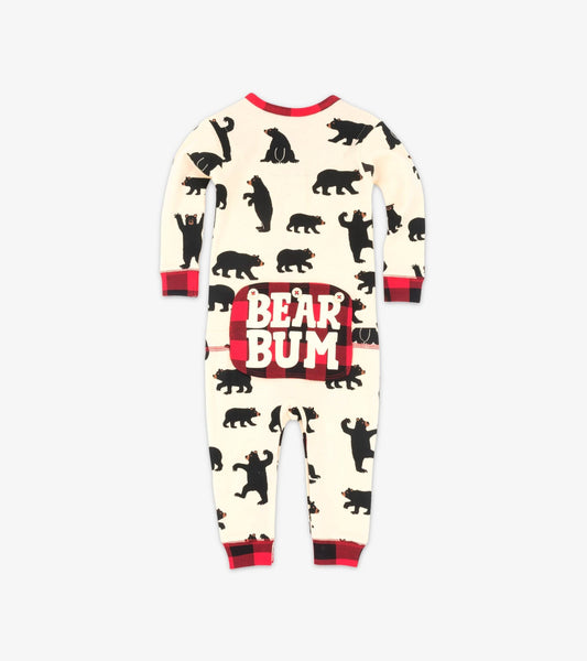 Cream-colored baby union suit featuring black bear patterns and a red checkered "BEAR BUM" patch on the back.