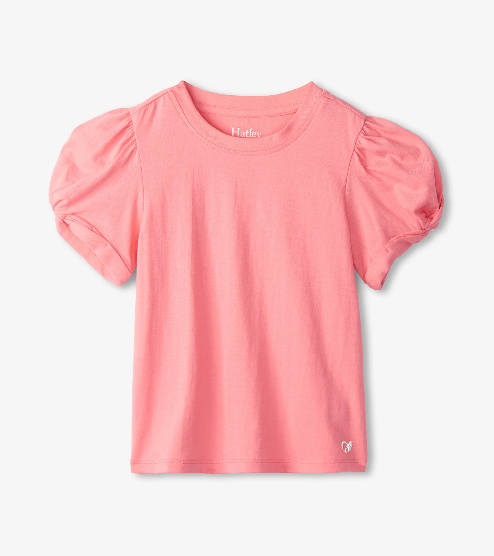 Pink short-sleeve tee with twisted puff sleeves and a round neckline, made from soft cotton fabric.